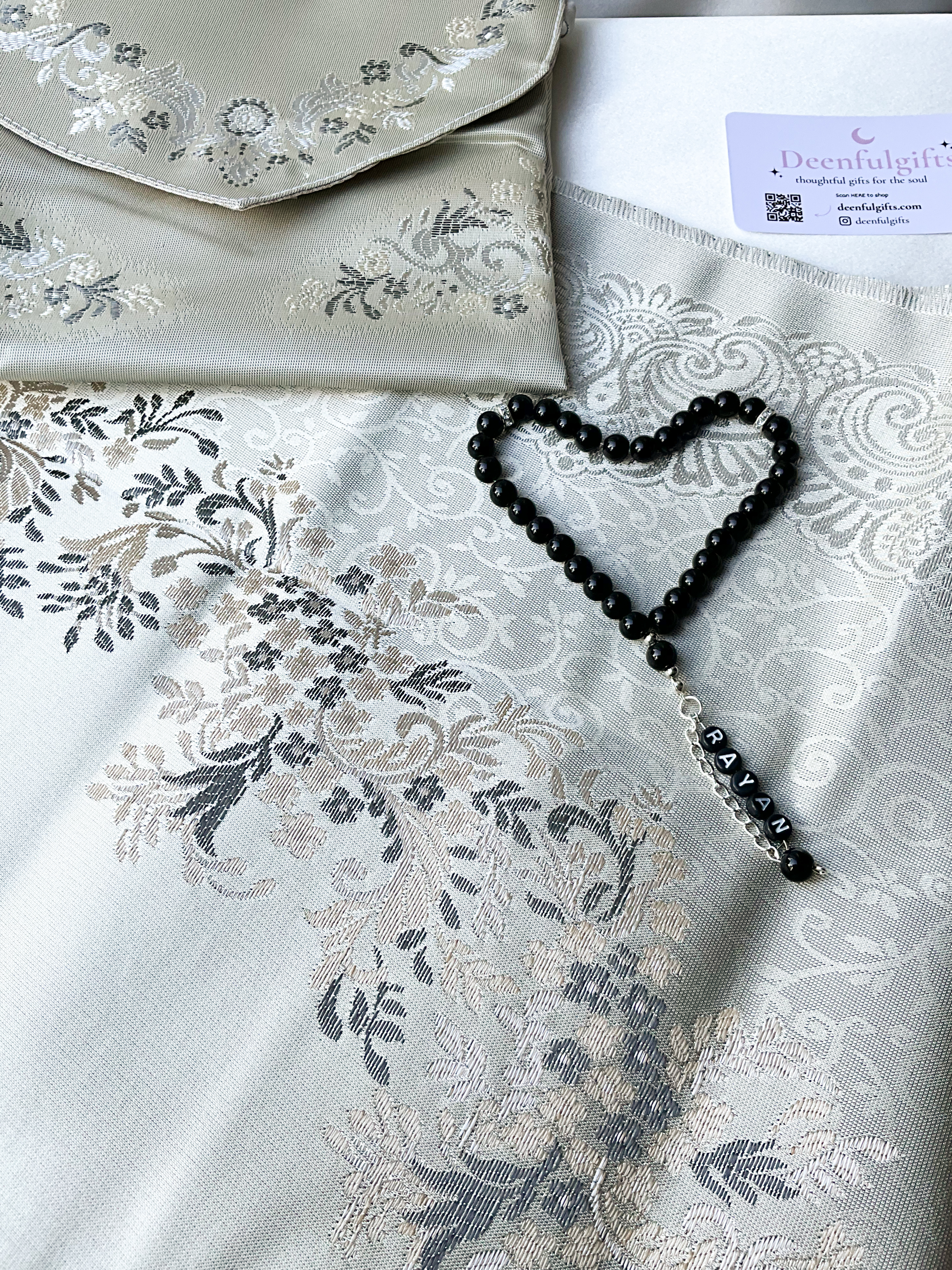 Sakina Gift Set – Luxury Prayer Mat (Grey) & Personalized Black Tasbeeh