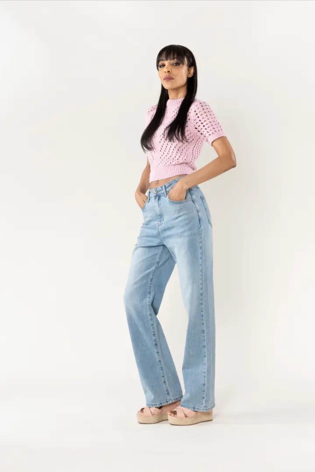 Jean droit taille haute bleu vintage