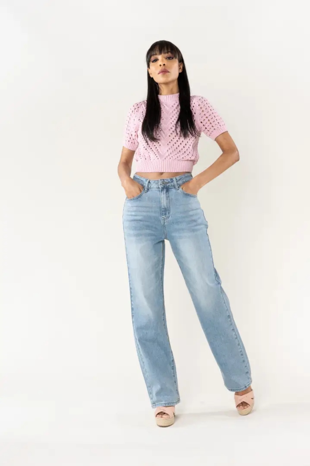 Jean droit taille haute bleu vintage