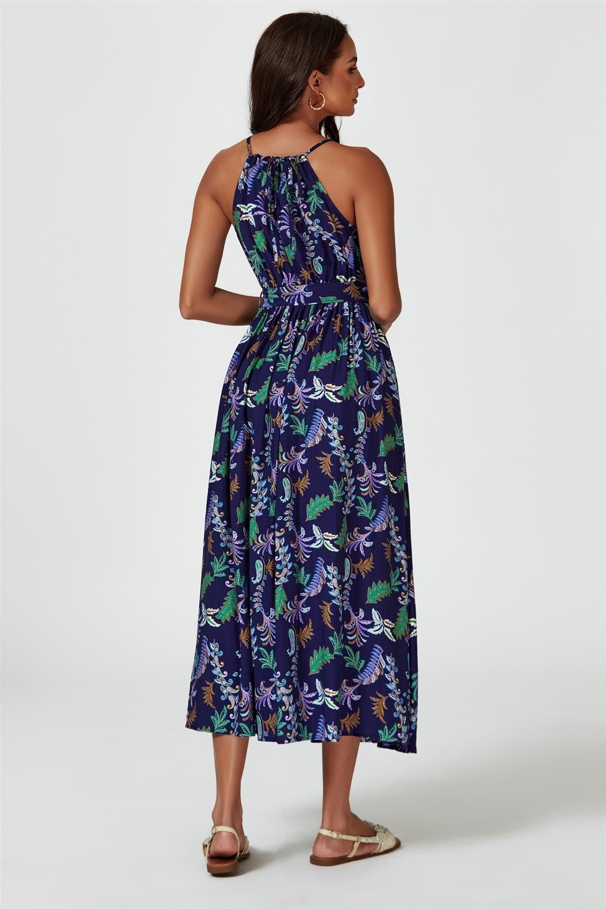 Robe longue à imprimé floral avec lien à nouer autour du cou en bleu marine