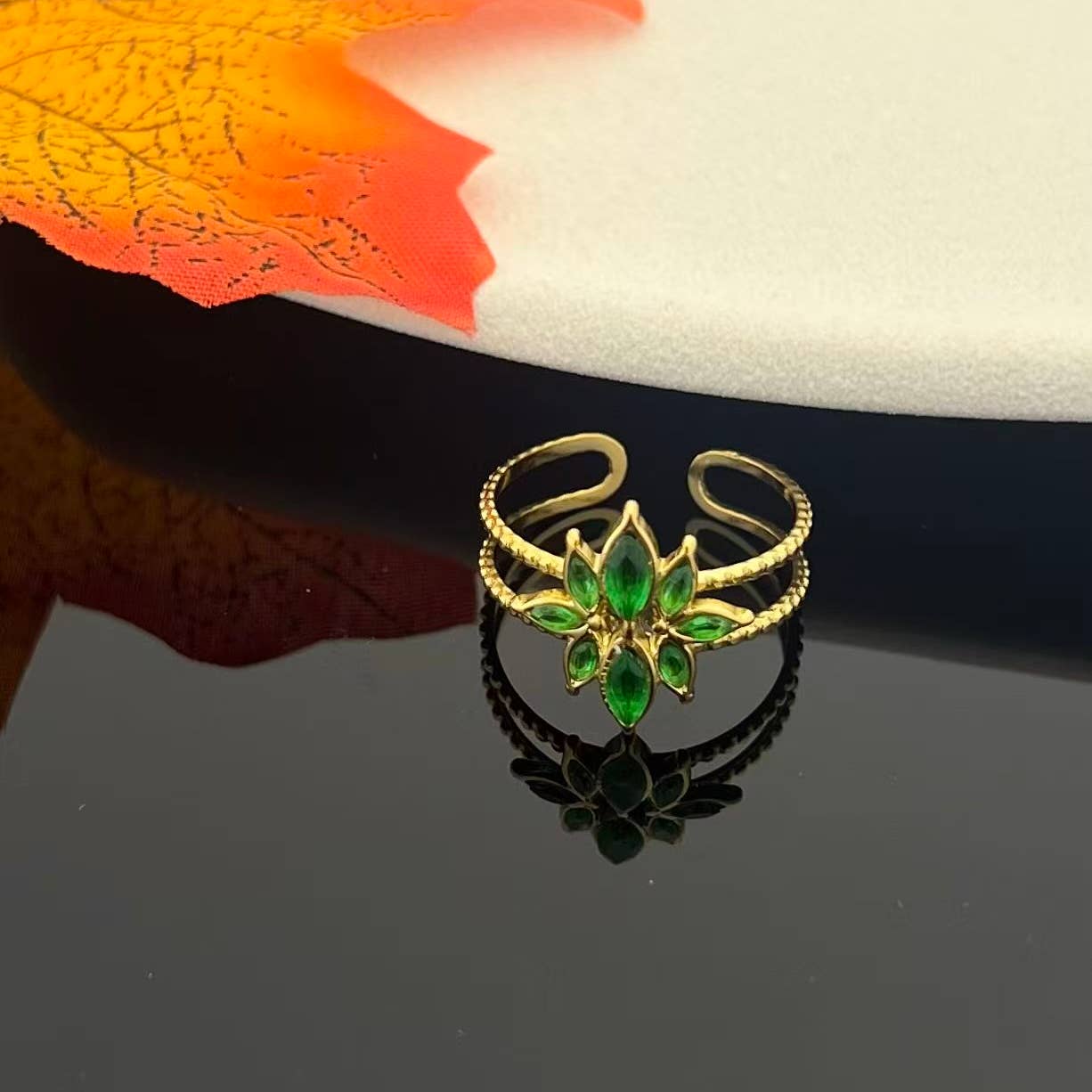 Bague en cristal de fleur verte acier inoxydable doré