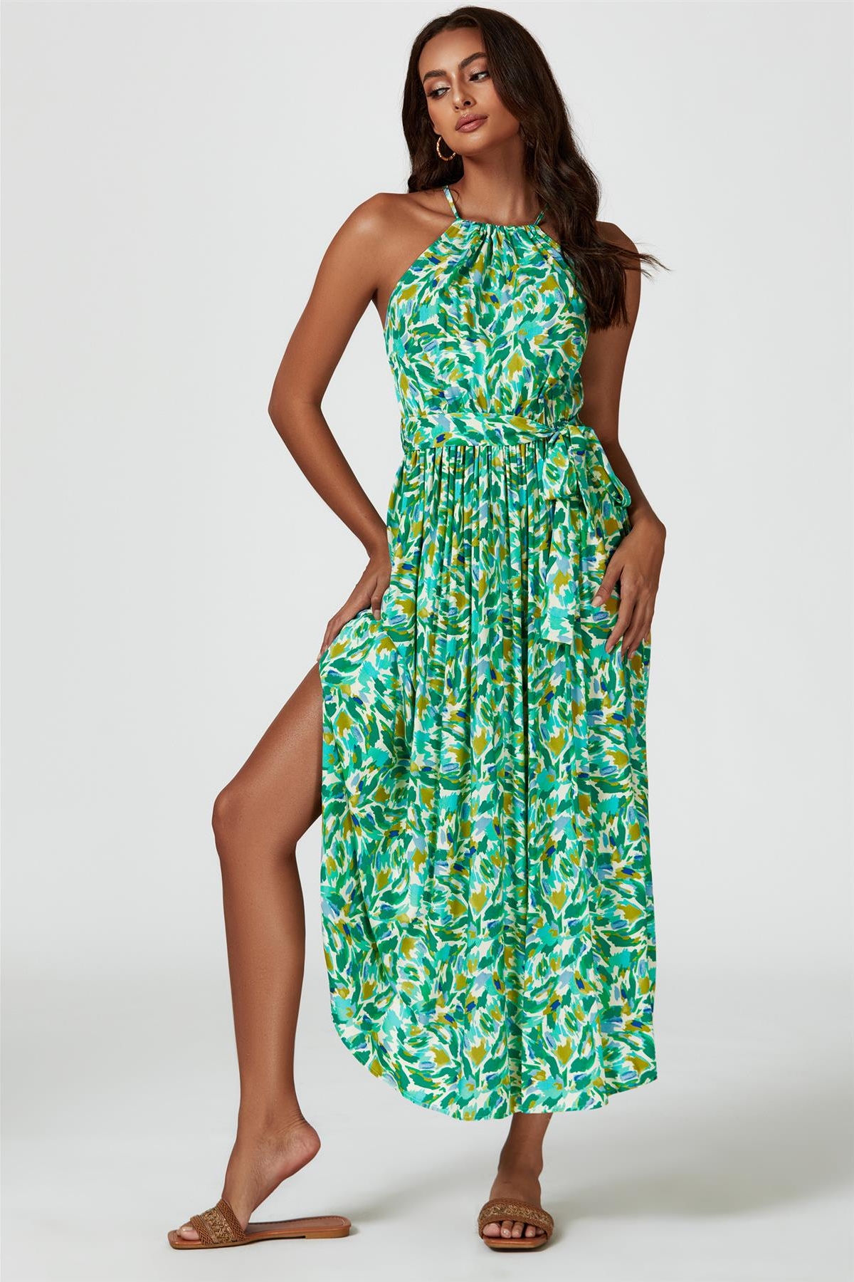 Robe longue à imprimé abstrait avec col licou et nœud en vert