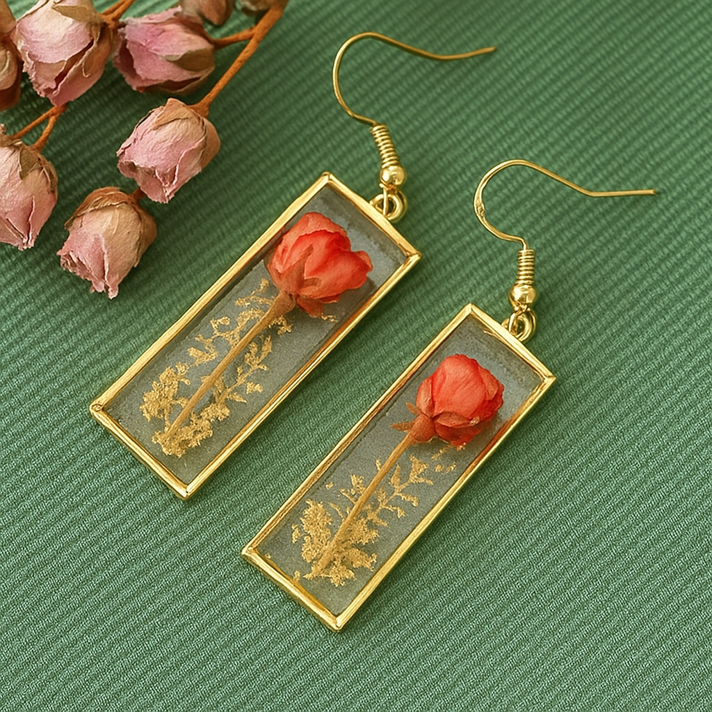 les boucles d’oreilles rectangulaires avec des fleurs naturelles encapsulées
