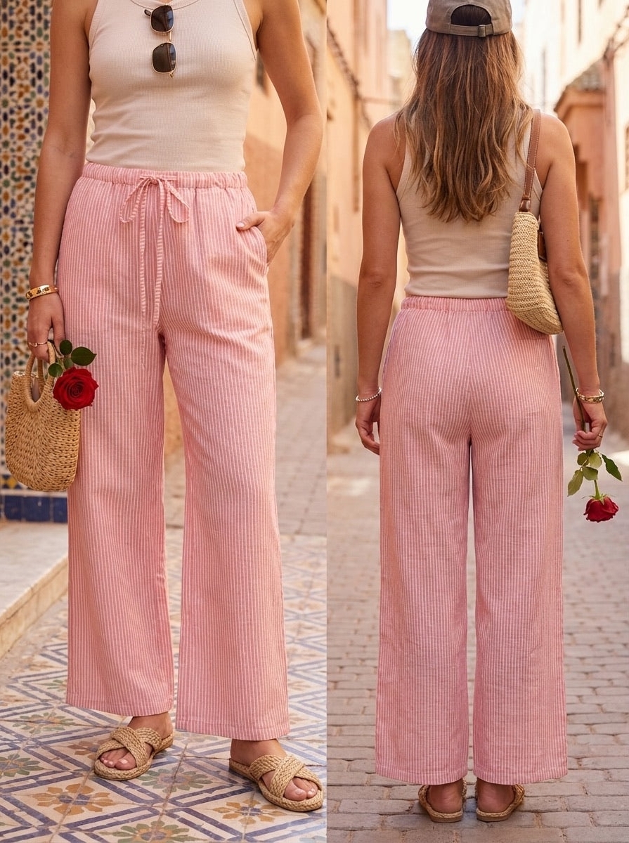 Le pantalon léger et ses fines rayures 2 coloris rouge et vert