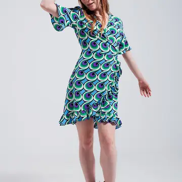 Robe courte portefeuille à ourlet volanté avec imprimé bleu années 70
