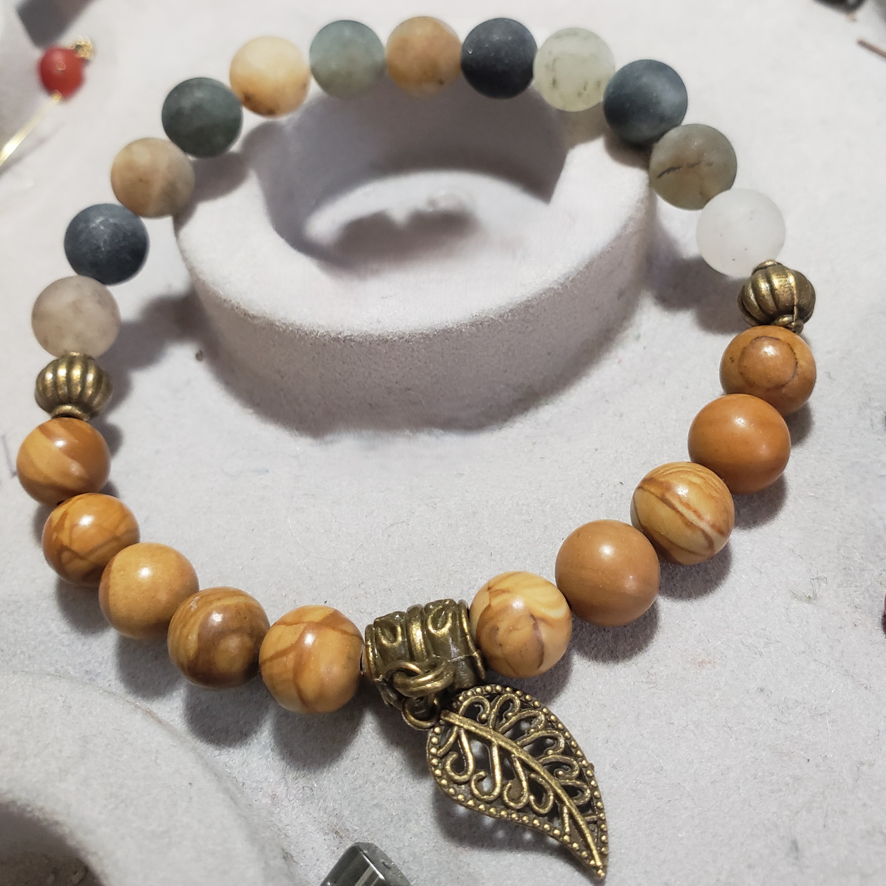 Green Phantom Quartz, Petrified Wood & Antique Brass Leaf Charm 8mm