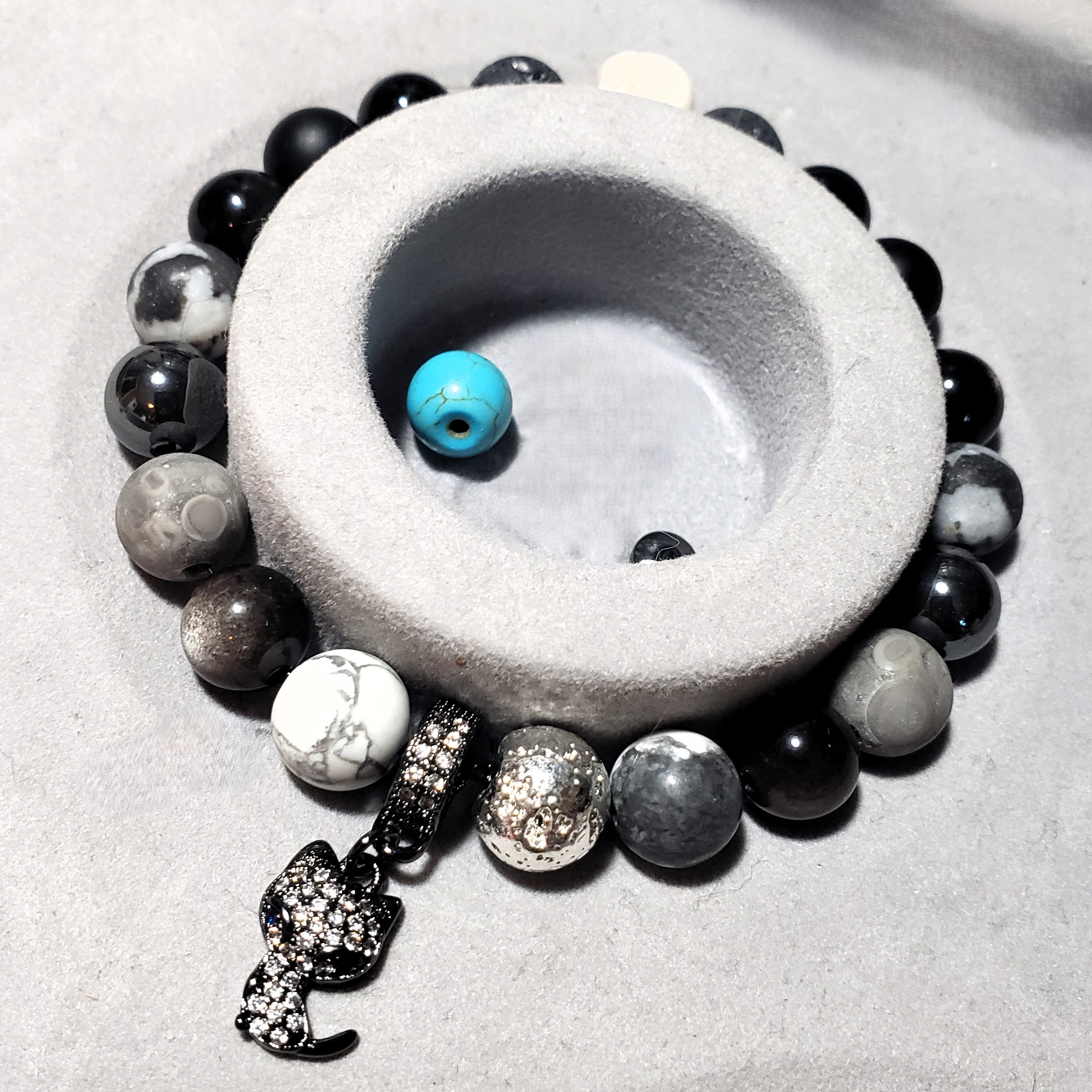 Howlite, Silver Sheen Obsidian & Zebra Jasper with Black Rhodium Kitten Charm