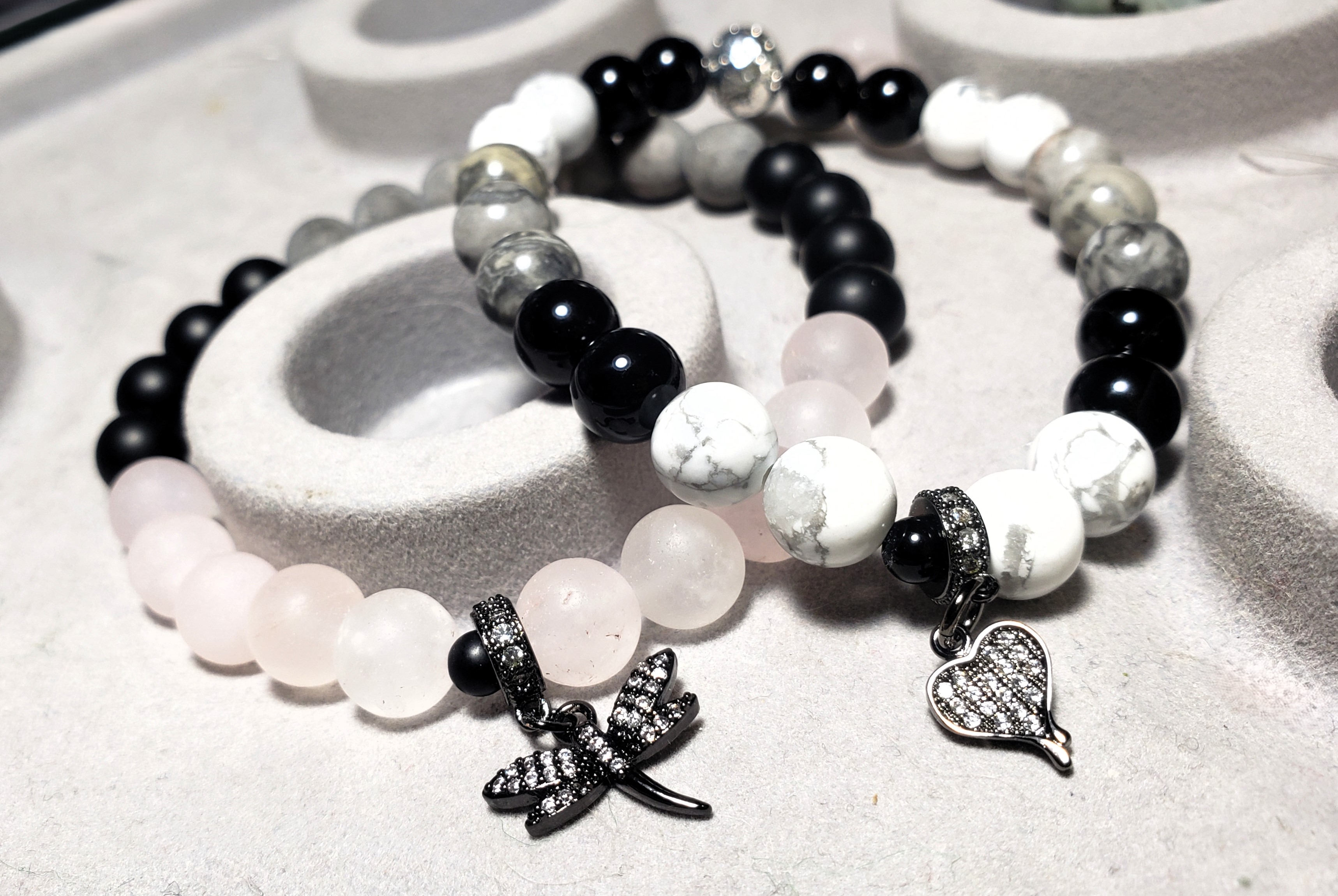 Black Onyx, Rose Quartz, Howlite Black Rhodium Charms 8mm Duo