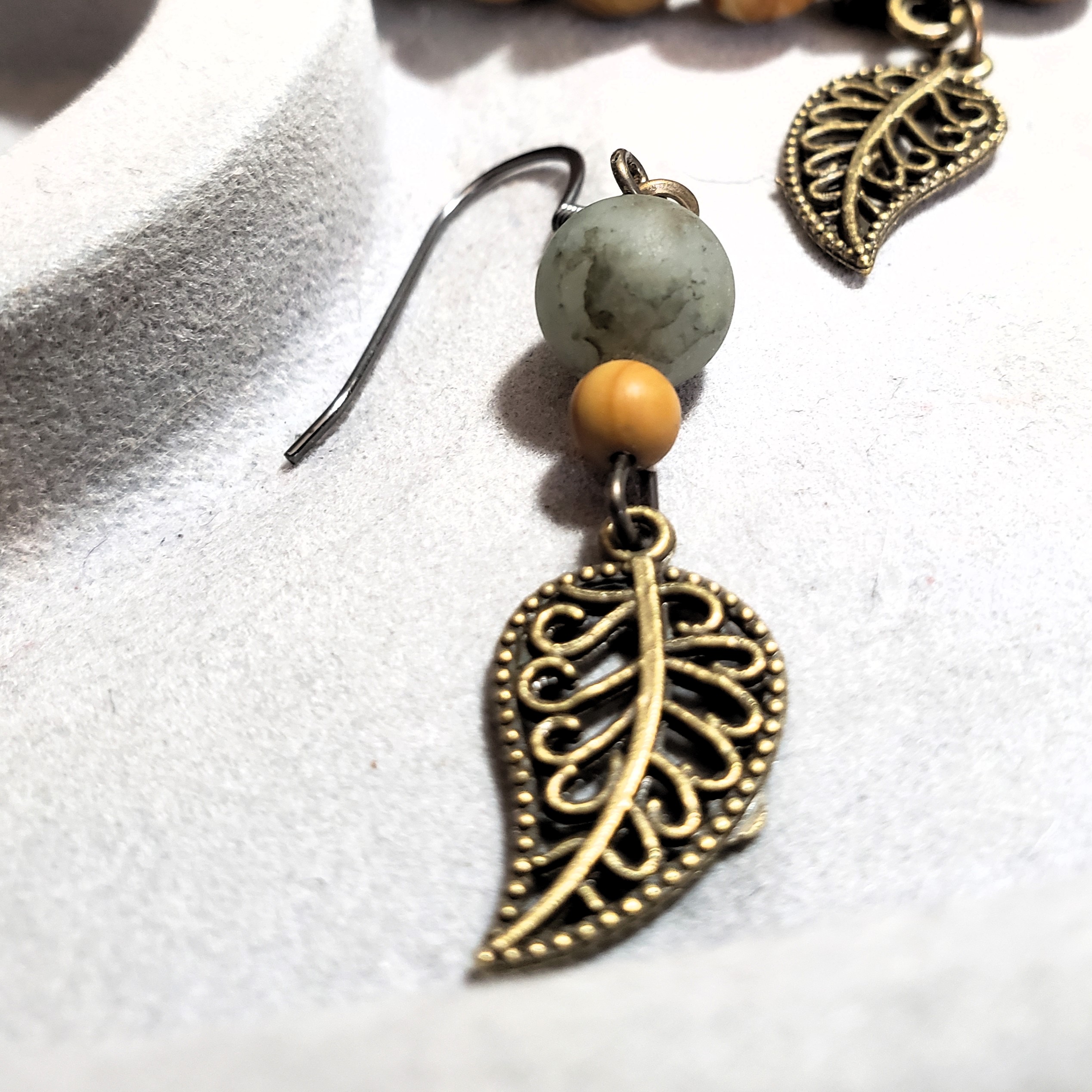 Green Phantom Quartz, Petrified Wood & Antique Brass Leaf Earring