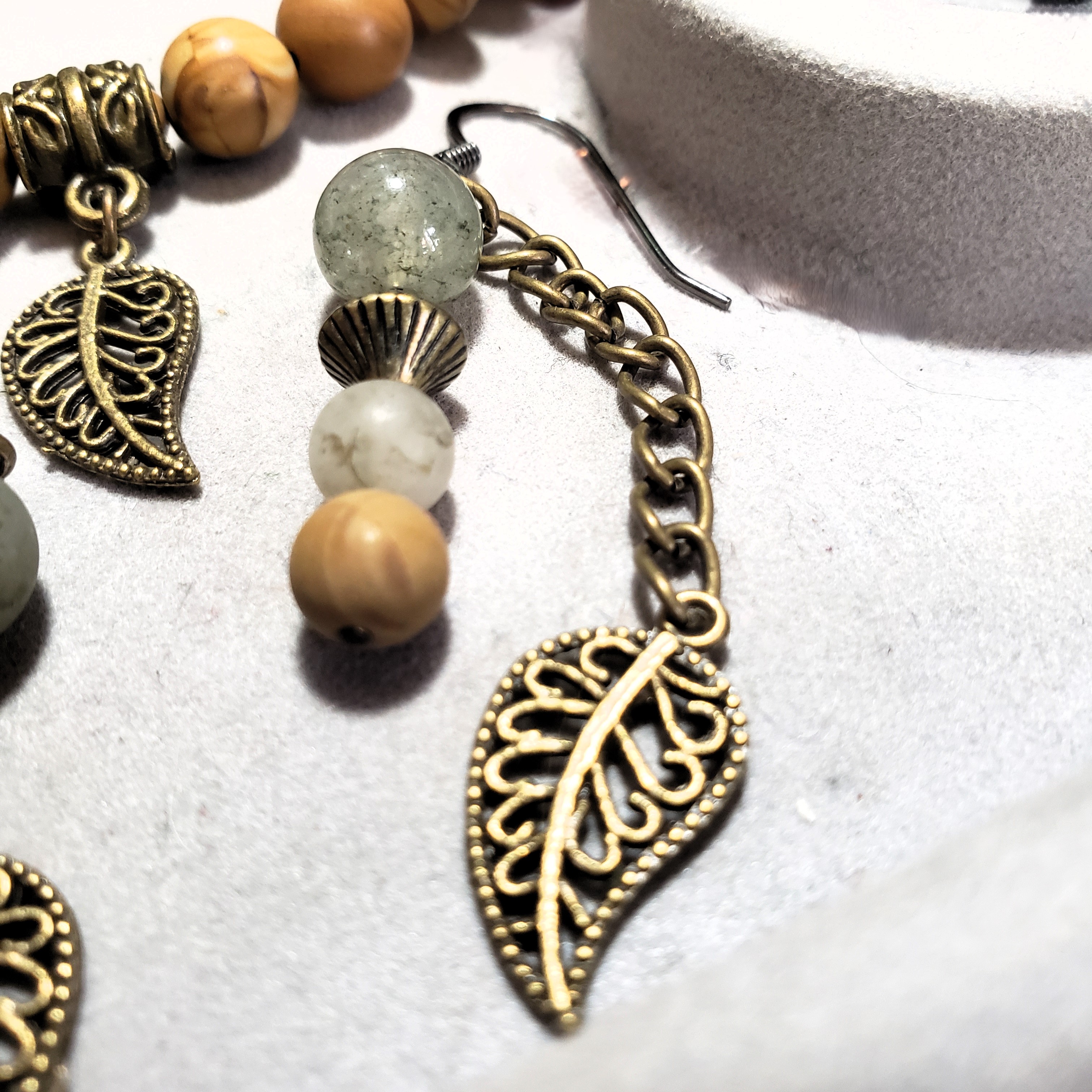 Green Phantom Quartz, Petrified Wood & Antique Brass Chain Leaf Earrings