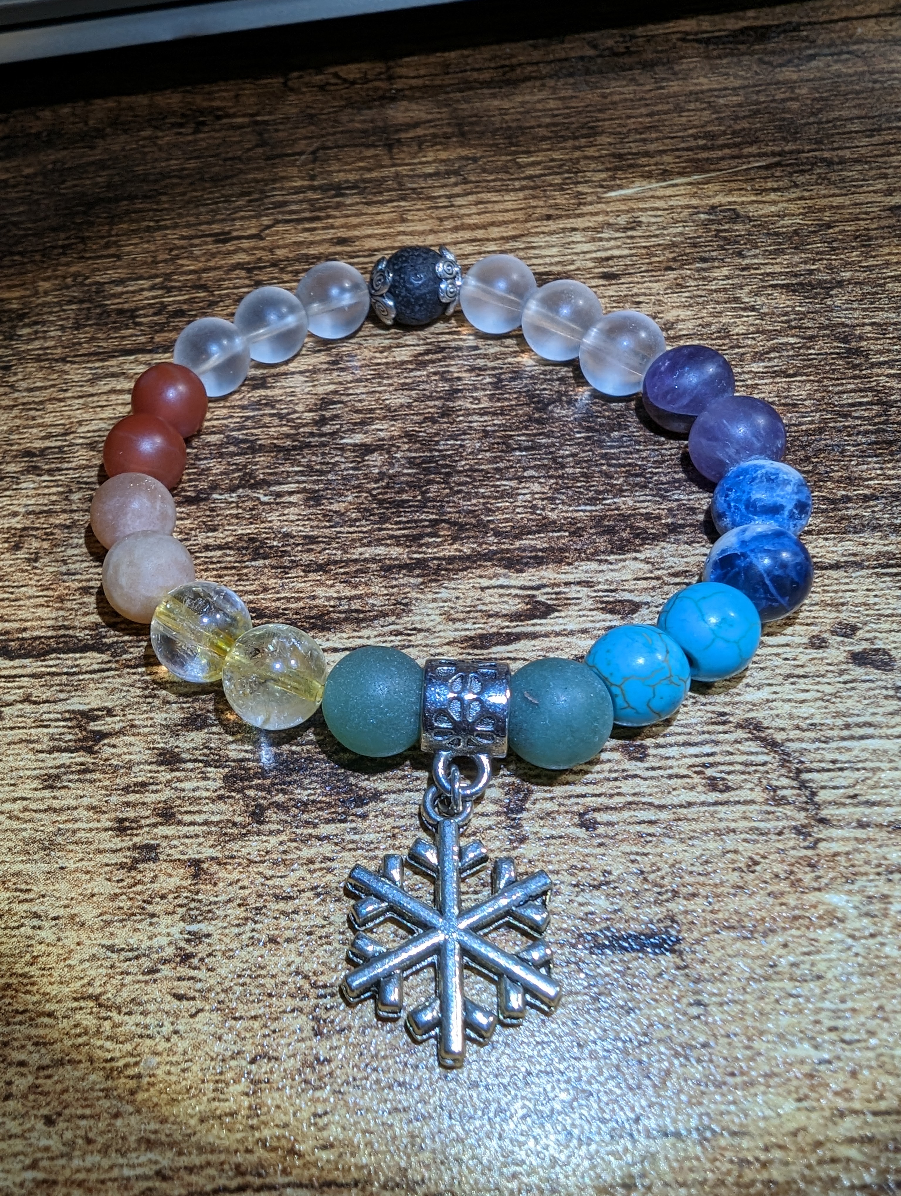 Full Chakra, Clear Quartz, Volcanic Lava Stone & Snowflake Charm