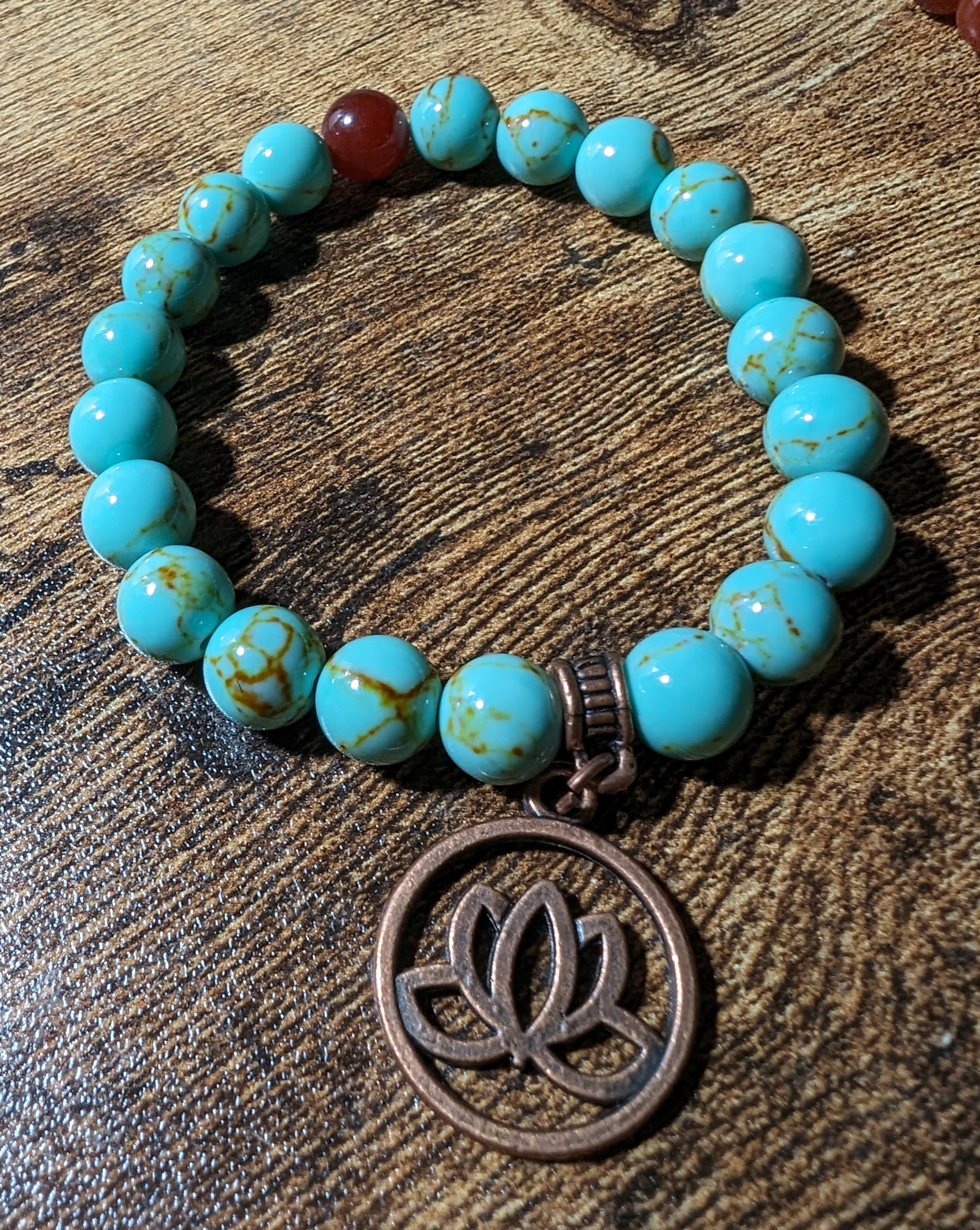 Antique Green Turquoise, Carnelian & Antique Copper Flat Lotus Charm Gemstone Bracelet