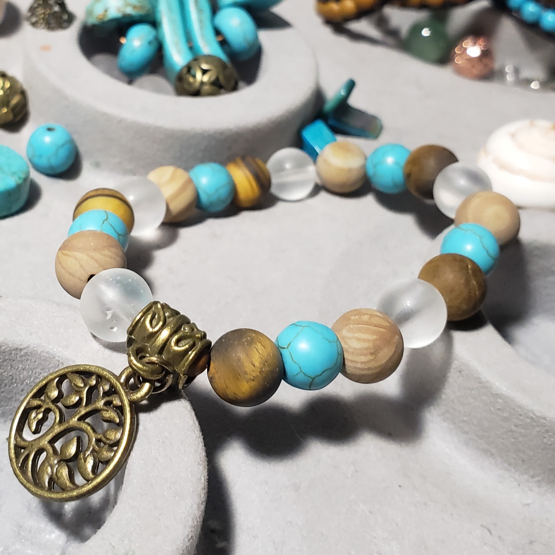 Turquoise, Tiger's Eye, Clear Quartz & Petrified Wood Jasper Antique Brass Tree Charm