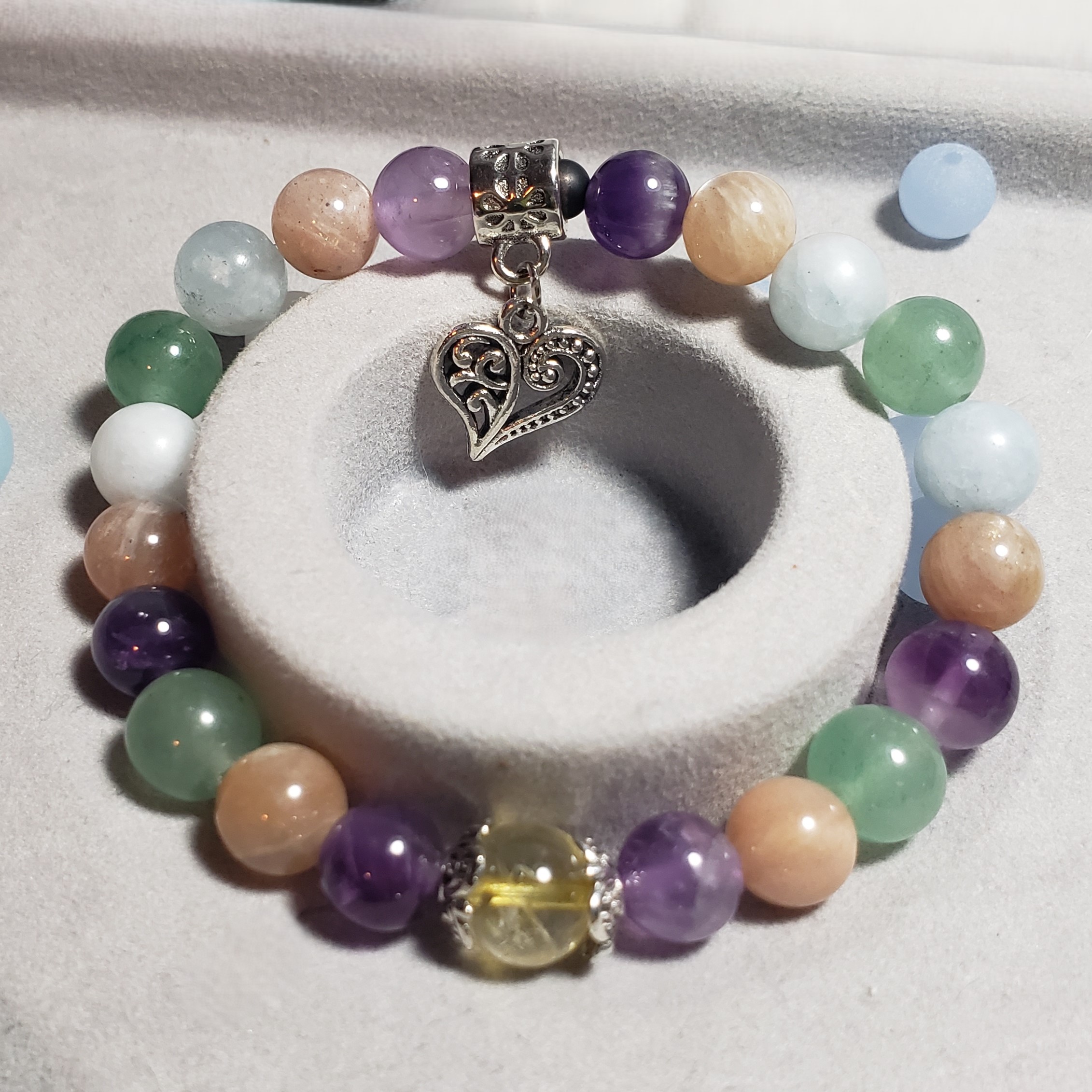 Peach Moonstone, Amethyst & Aquamarine Heart 8mm