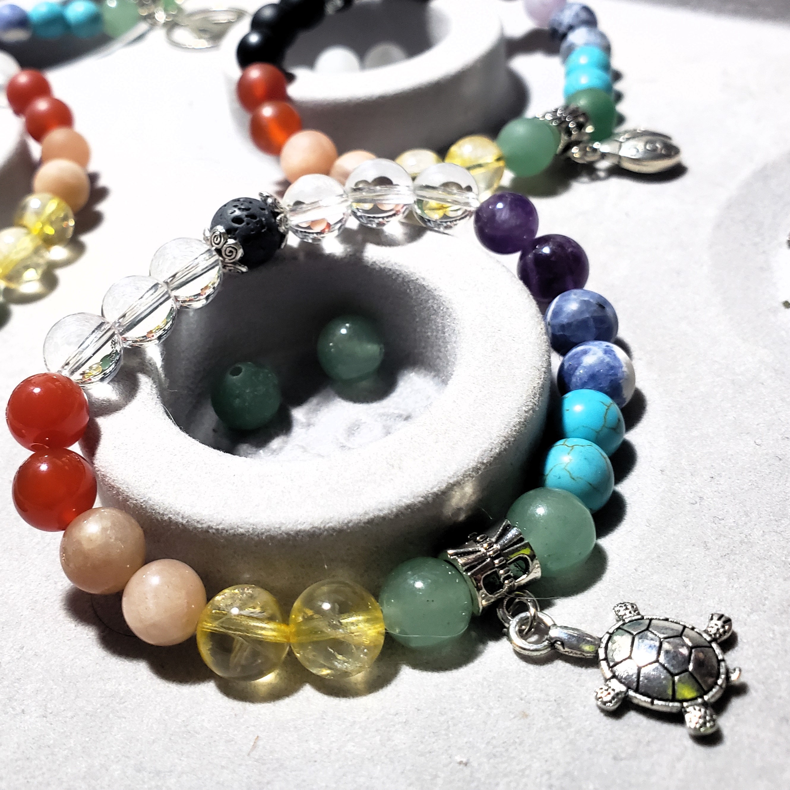 Full Chakra, Clear Quartz, Volcanic Lava Stone & Turtle Charm