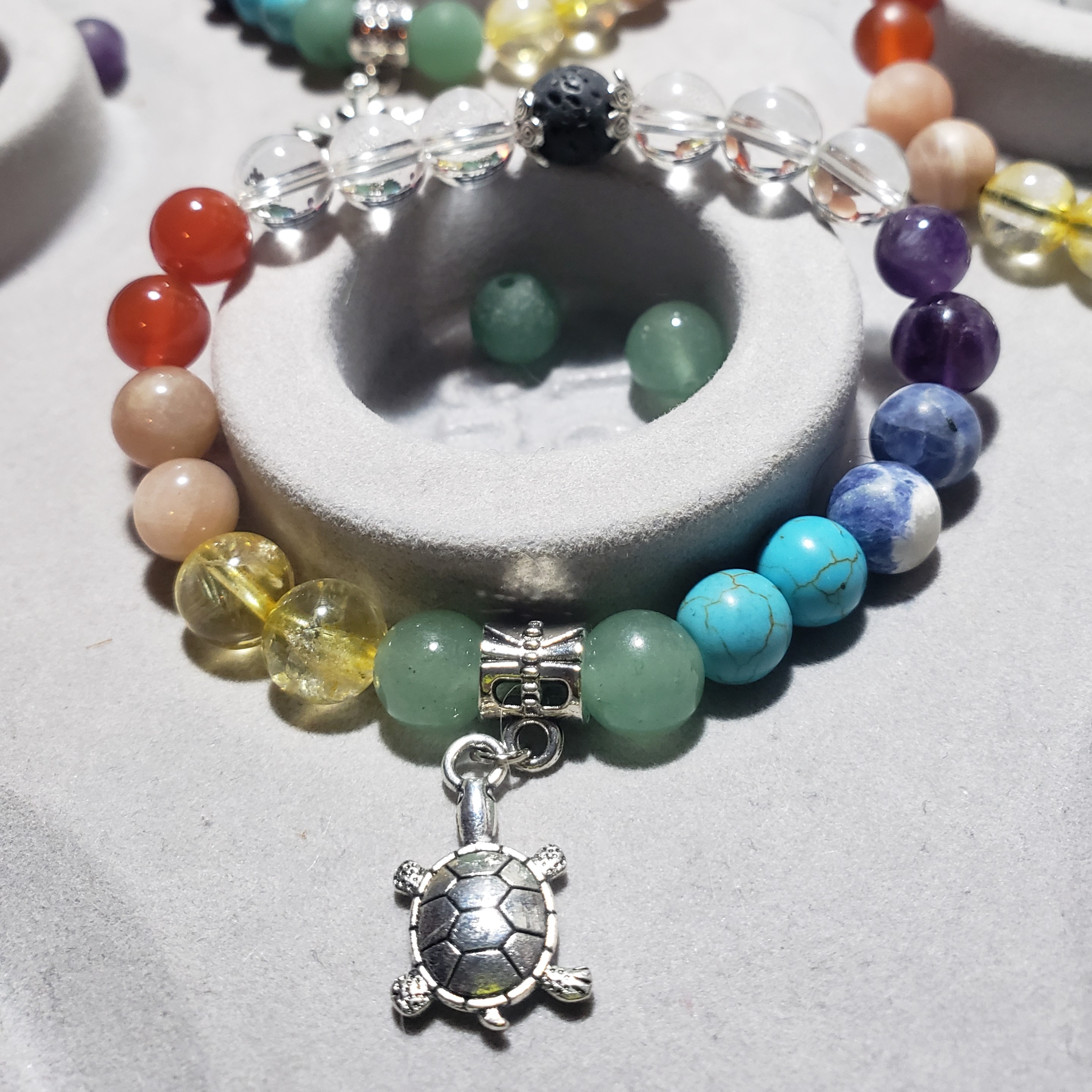 Full Chakra, Clear Quartz, Volcanic Lava Stone & Turtle Charm