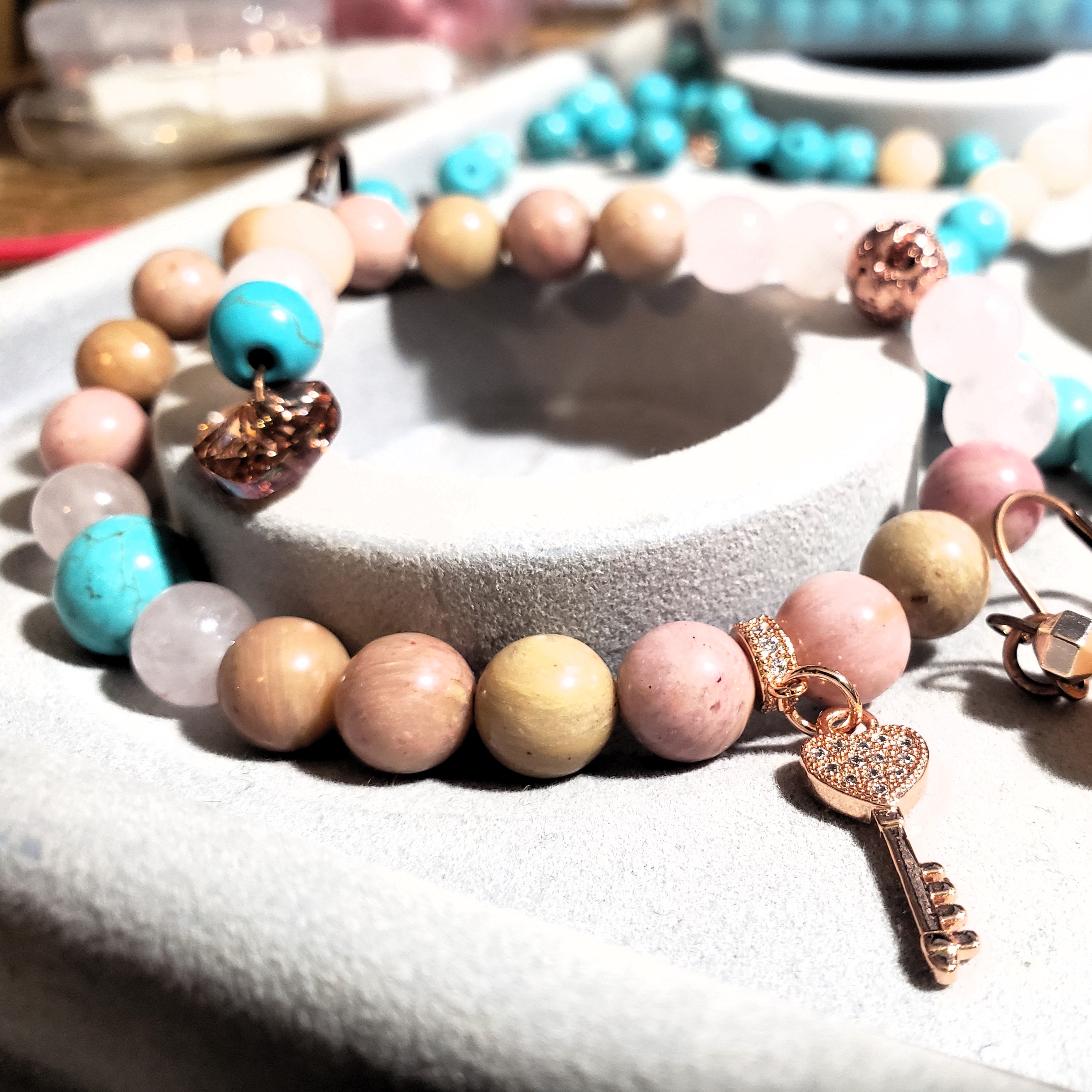 Pink Rhodonite, Rose Quartz, Turquoise & Rose Gold Key Charm 8mm