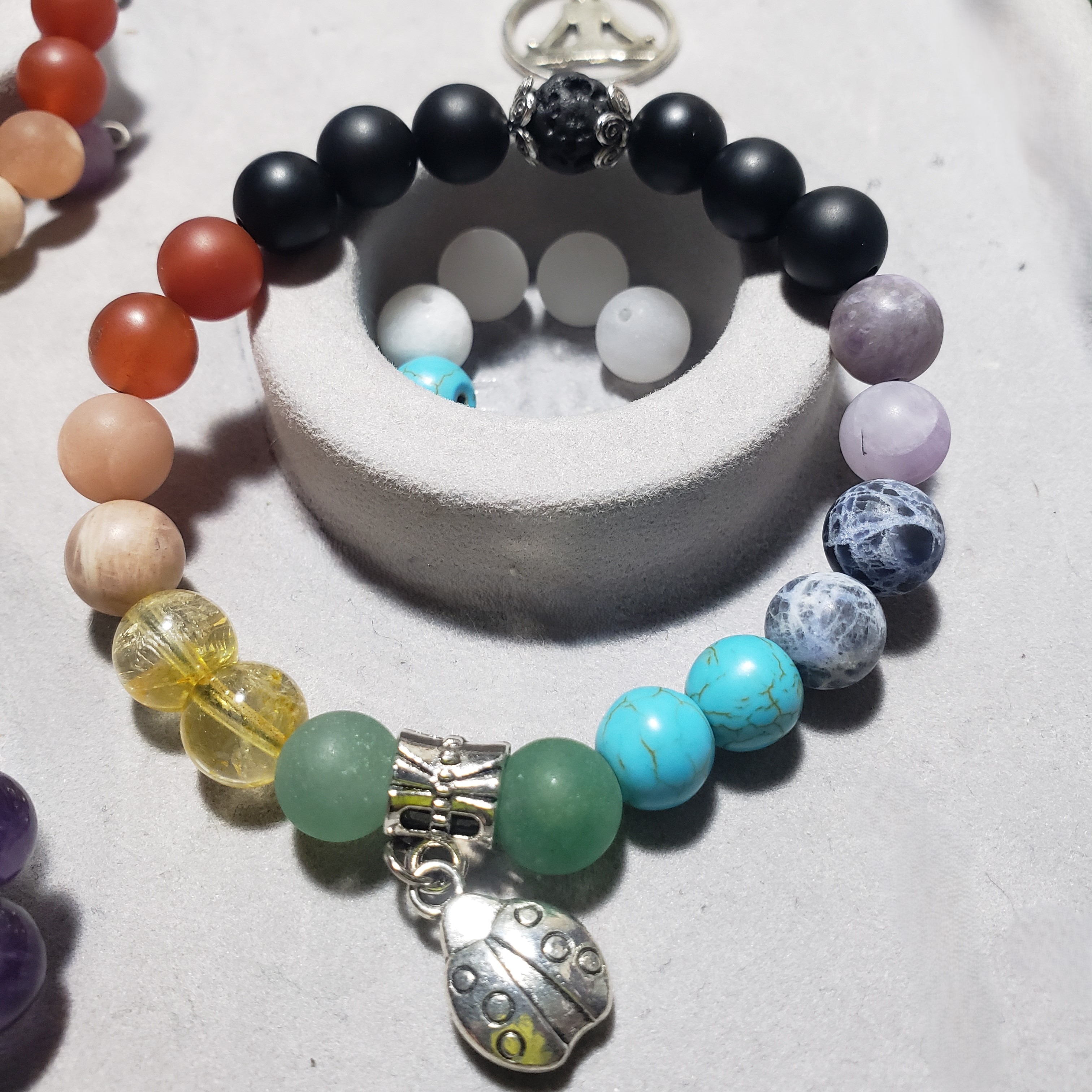 Full Chakra, Black Onyx, Volcanic Lava Stone & Ladybug Charm