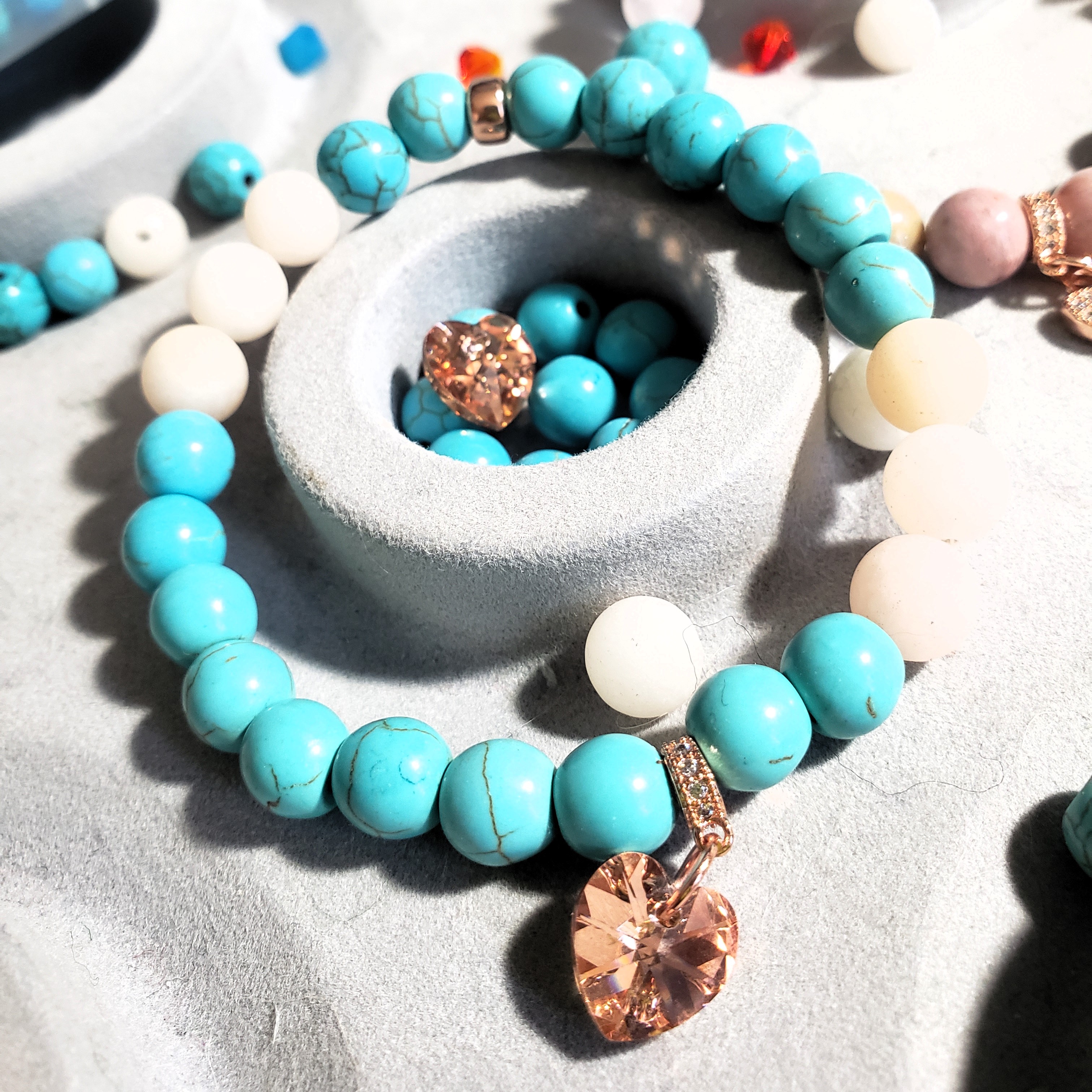 Turquoise, Pink Aventurine Rose Gold & Crystal Heart Charm 8mm