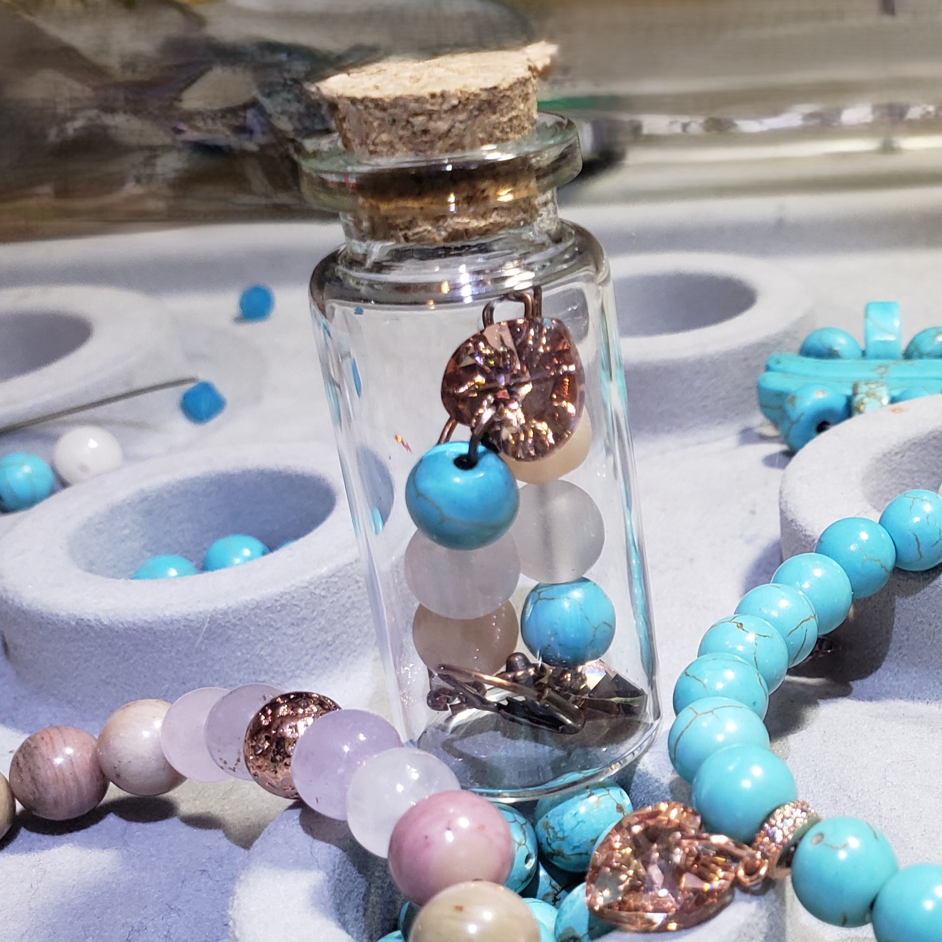 Turquoise, Pink Aventurine Rose Gold & Crystal Hearts Earrings