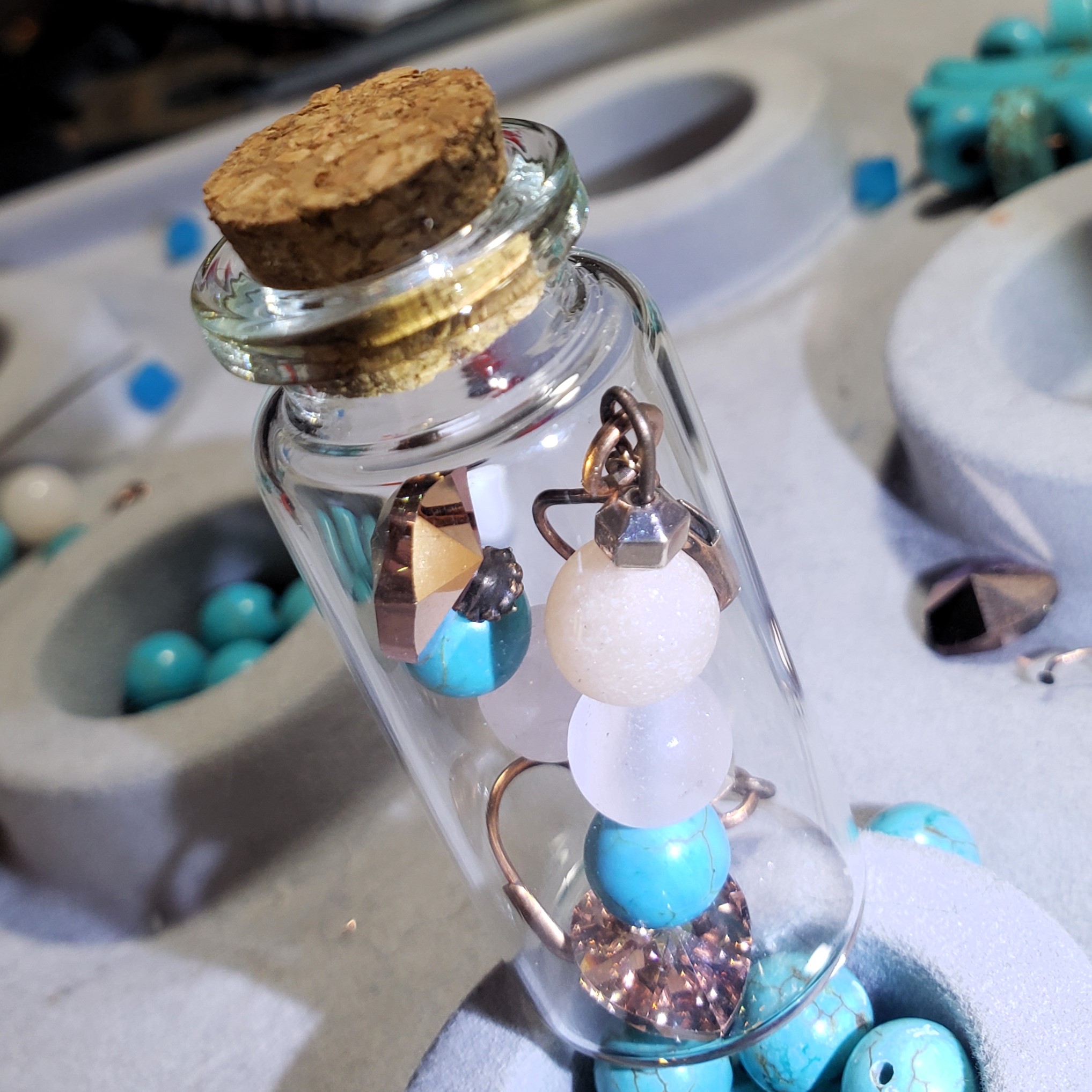 Turquoise, Pink Aventurine Rose Gold & Crystal Hearts Earrings