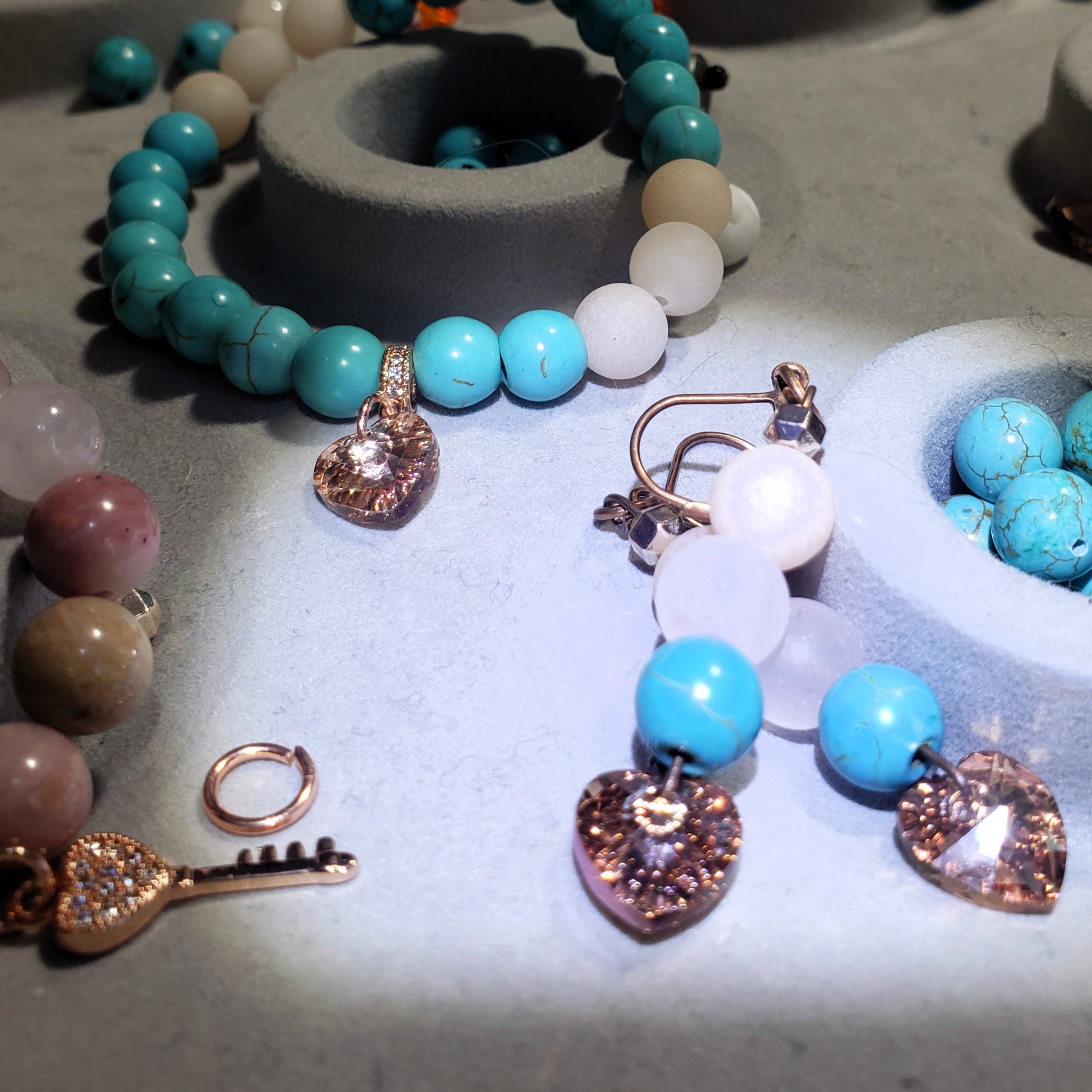 Turquoise, Pink Aventurine Rose Gold & Crystal Hearts Earrings