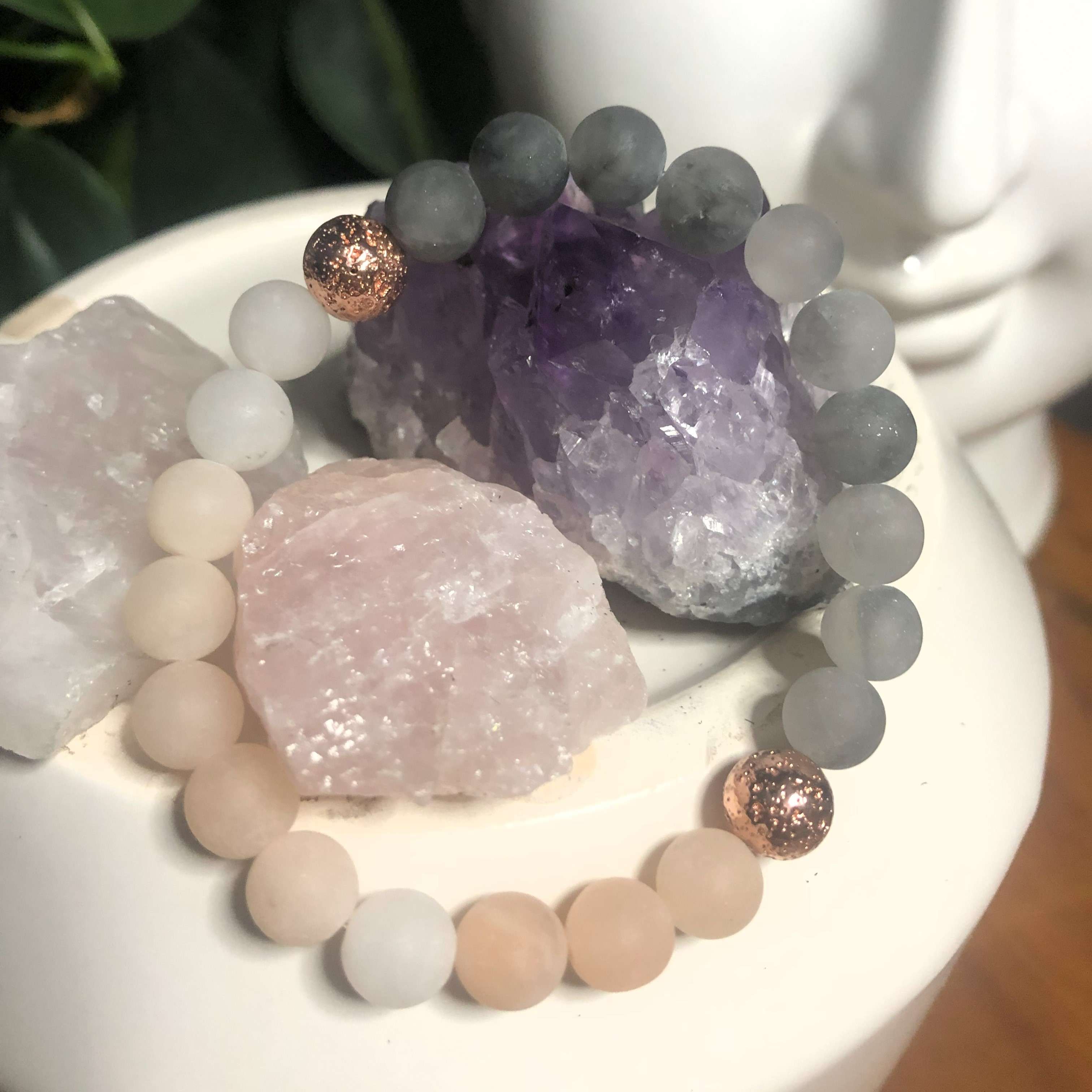 Pink Aventurine, Grey Cloudy Quartz & Rose Gold