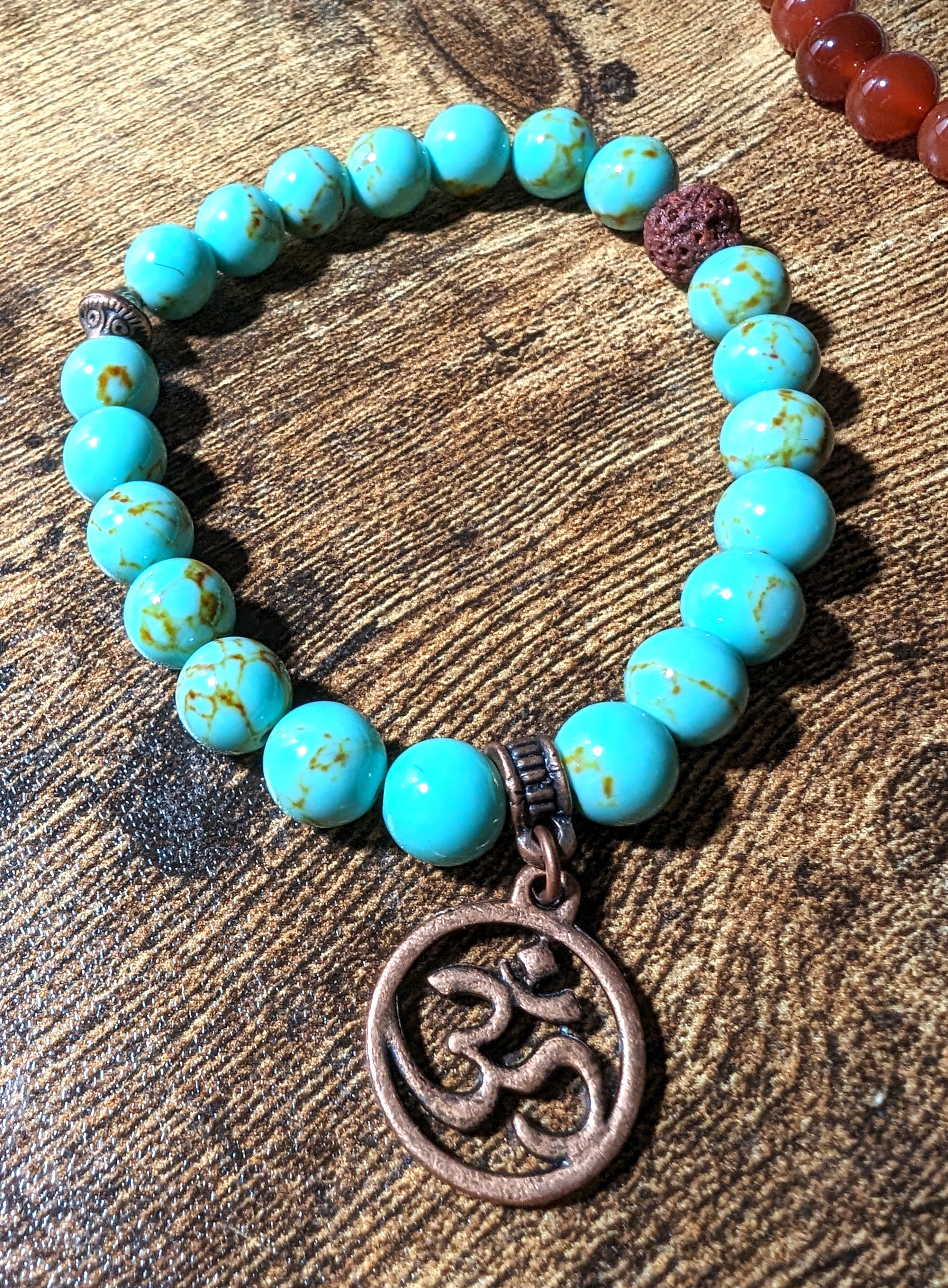 Antique Green Turquoise & Red Volcanic Lava Stone Beaded Gemstone bracelet with Antique Copper Namaste Charm