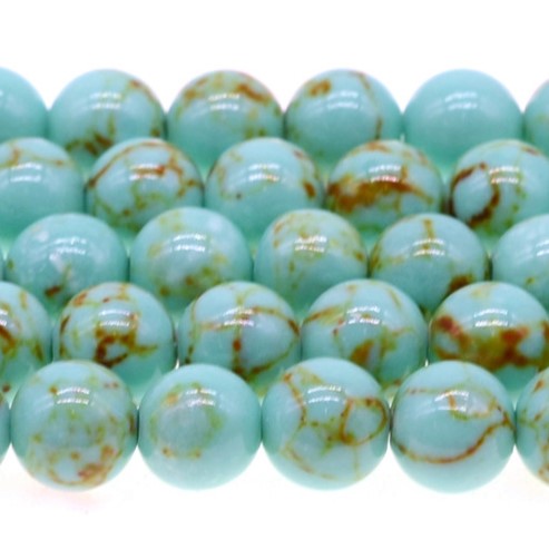 Antique Green Turquoise & Red Volcanic Lava Stone Beaded Gemstone bracelet with Antique Copper Namaste Charm