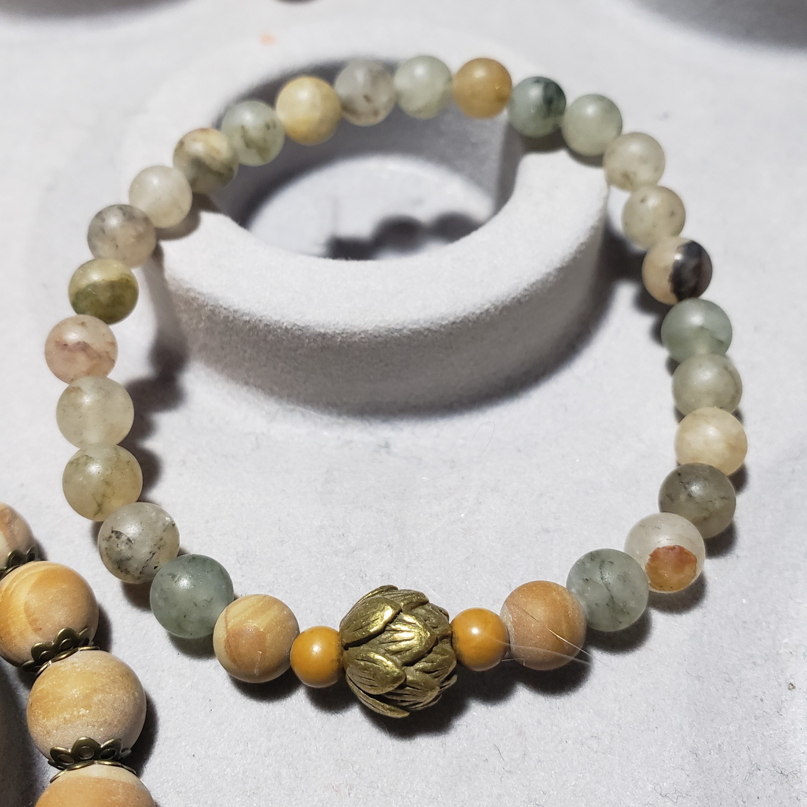 Green Phantom Quartz, Petrified Wood & Antique Brass Lotus Bead 6mm
