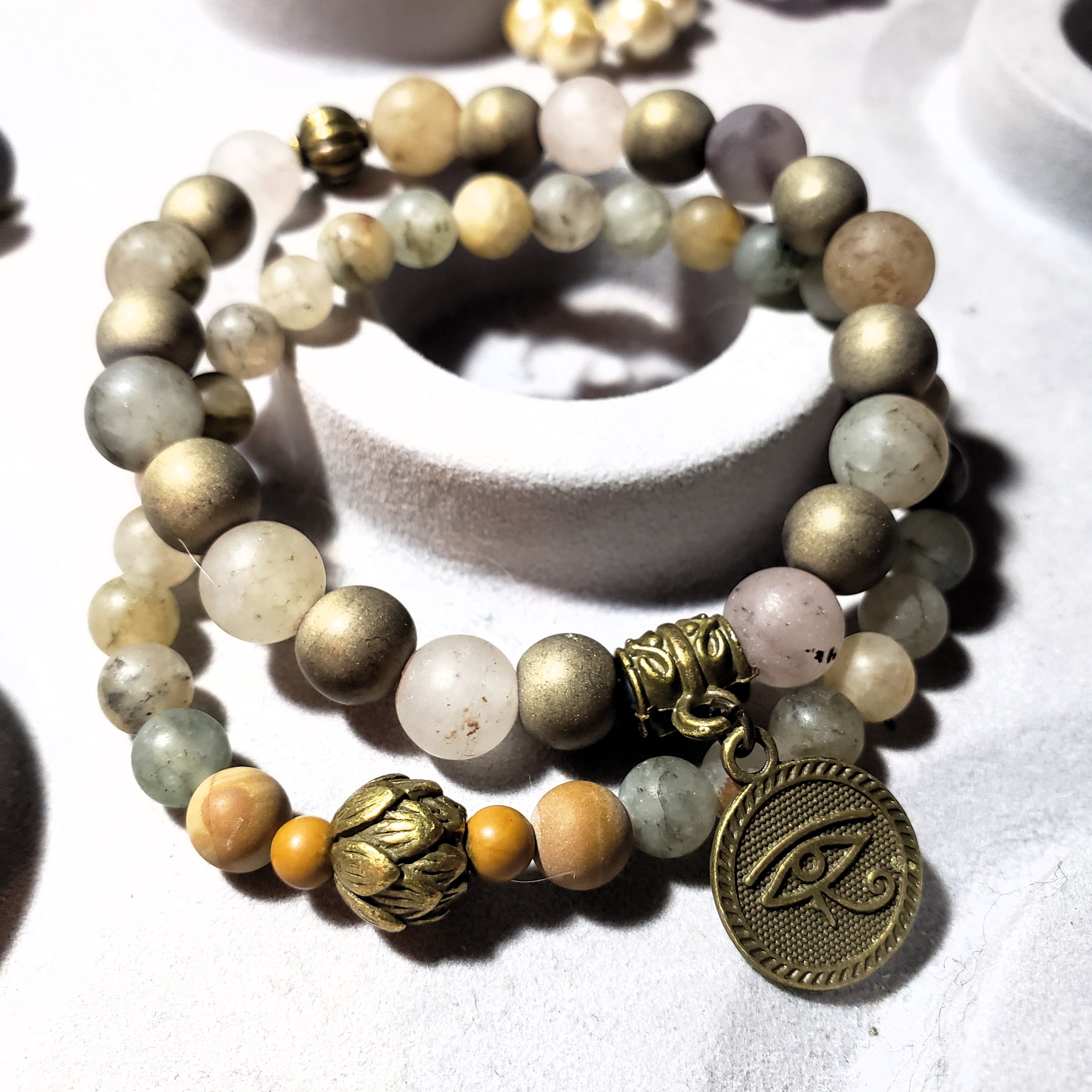 Green Phantom Quartz, Petrified Wood & Antique Brass Eye of Ra Charm & 8mm Lotus Bead Duo