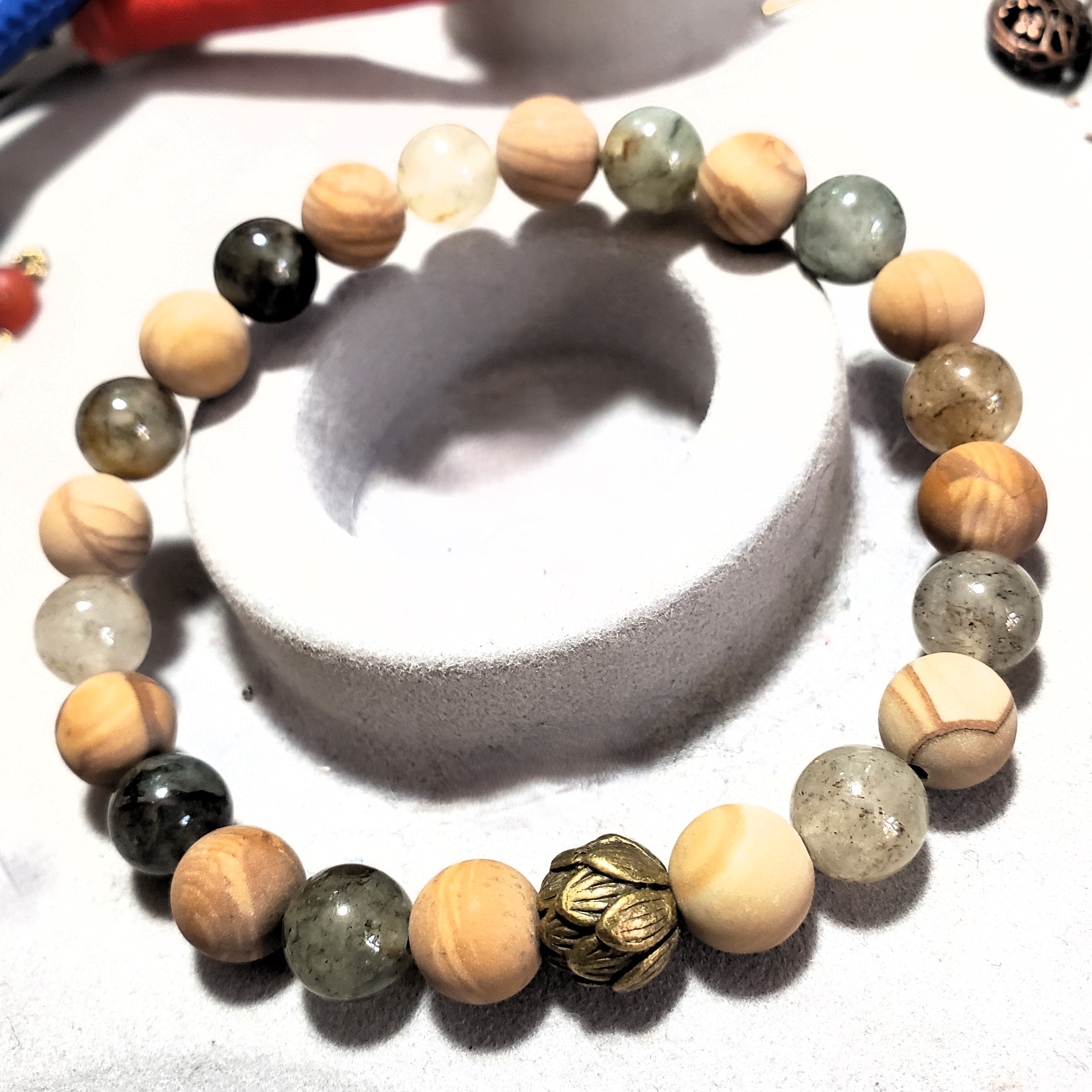 Green Phantom Quartz, Petrified Wood & Antique Brass Lotus 8mm