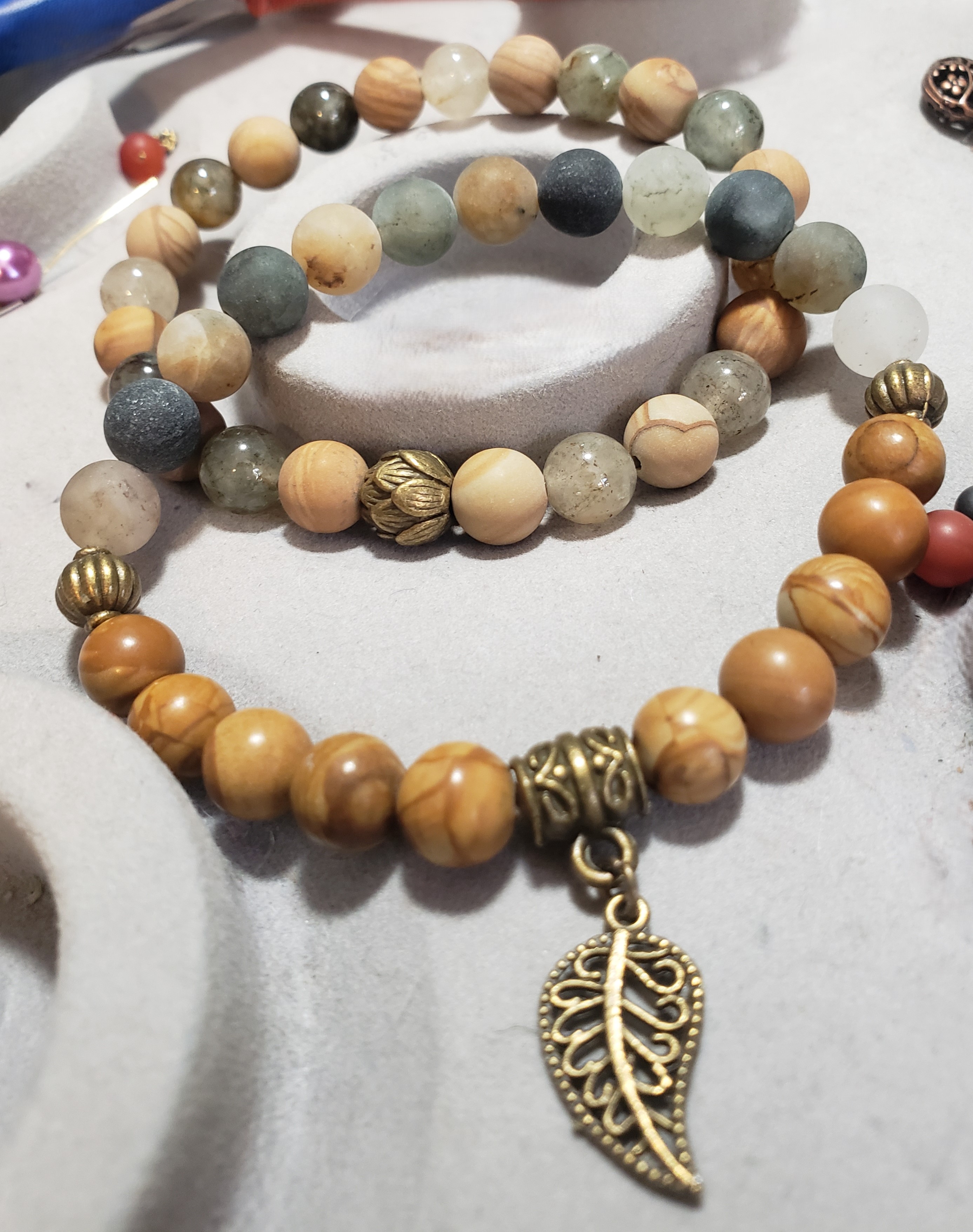 Green Phantom Quartz, Petrified Wood & Antique Brass Leaf & Lotus DUO