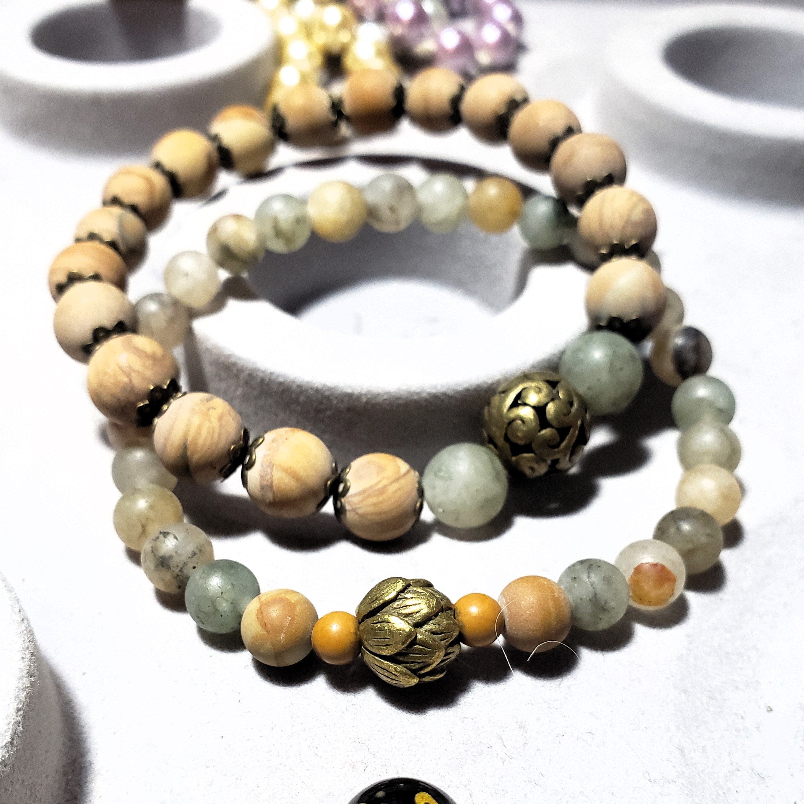 Green Phantom Quartz, Petrified Wood & Antique Brass Lotus Set