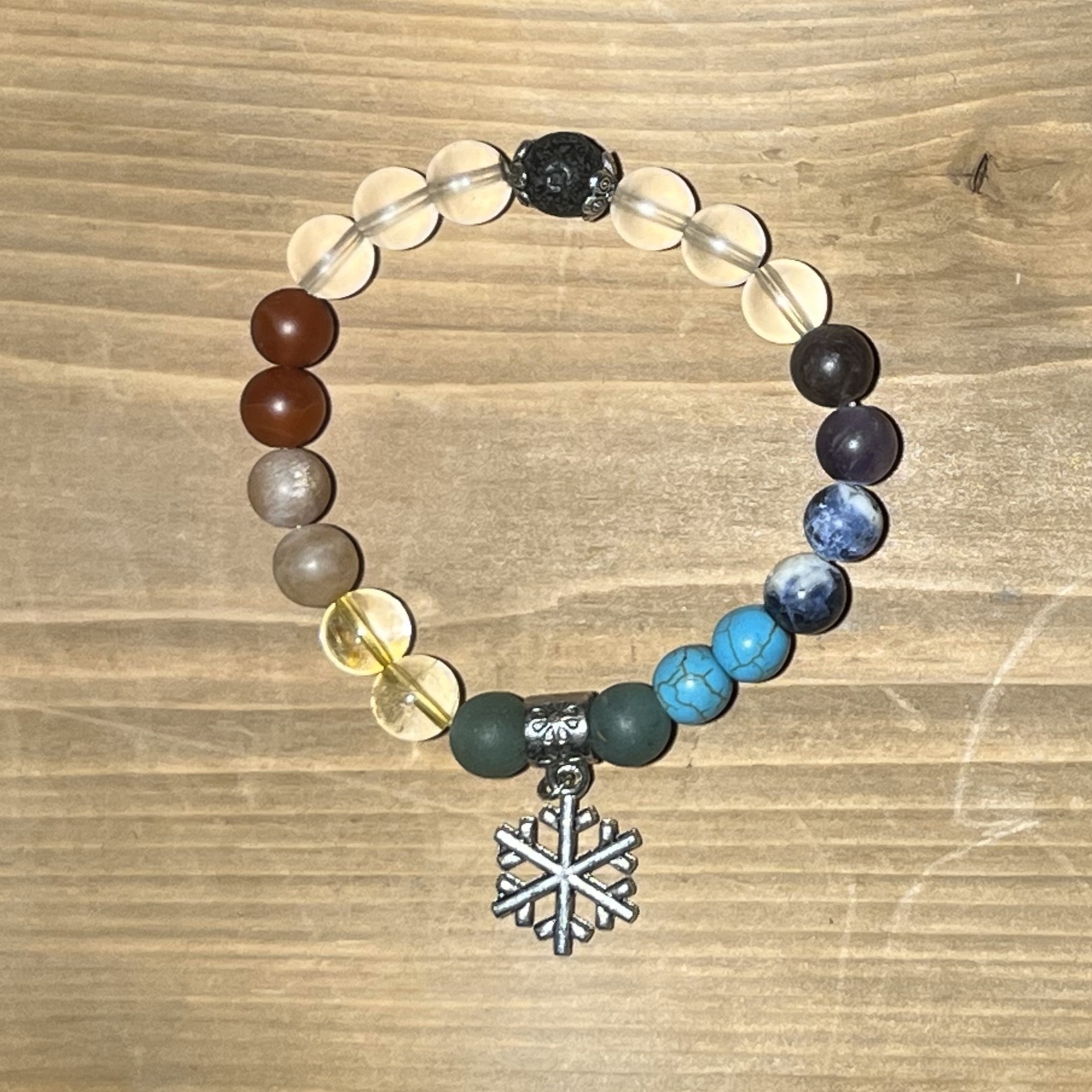 Full Chakra, Clear Quartz, Volcanic Lava Stone & Snowflake Charm