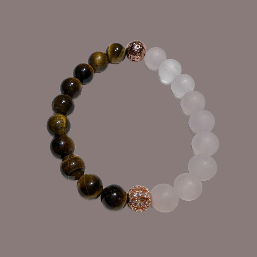 Rose Quartz, Tiger's Eye & Rose Gold Design Bead & Volcanic Lava Stone