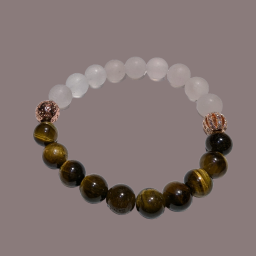Rose Quartz, Tiger's Eye & Rose Gold Design Bead & Volcanic Lava Stone