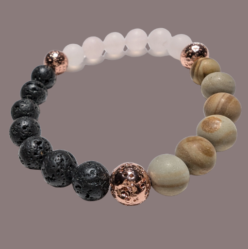 Rose Quartz, Petrified Wood Jasper with Rose Gold & Black Volcanic Lava Stone