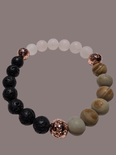 Rose Quartz, Petrified Wood Jasper with Rose Gold & Black Volcanic Lava Stone