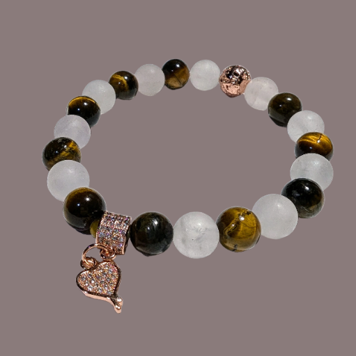 Rose Quartz & Tiger's Eye with Rose Gold Heart Charm