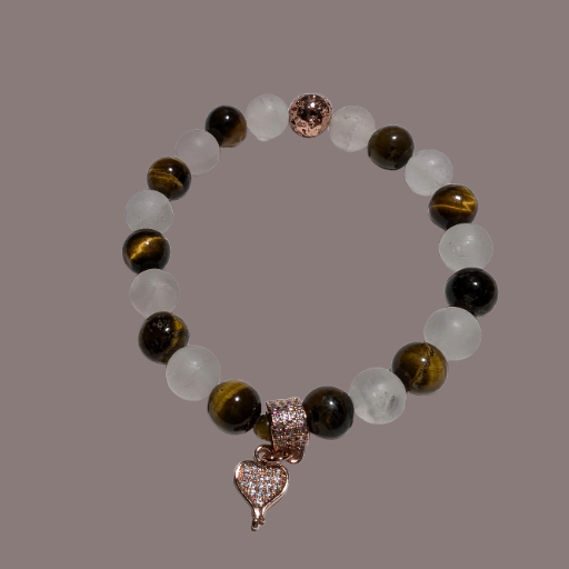 Rose Quartz & Tiger's Eye with Rose Gold Heart Charm