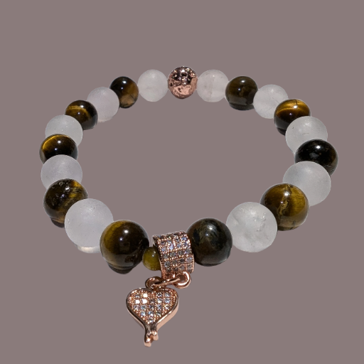 Rose Quartz & Tiger's Eye with Rose Gold Heart Charm