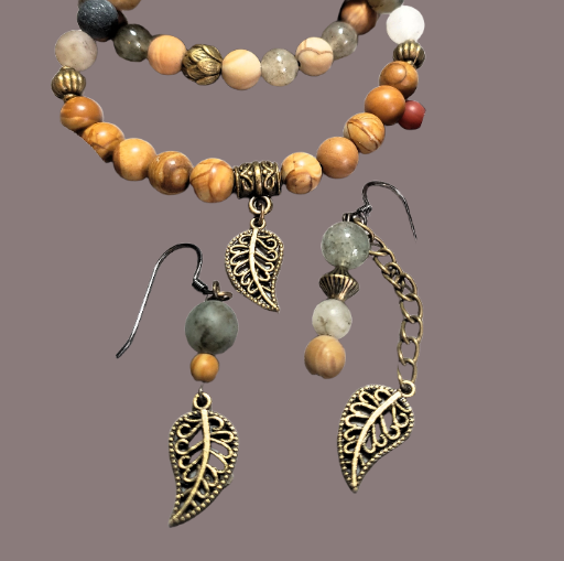 Green Phantom Quartz, Petrified Wood & Antique Brass Leaf & Lotus 4 SET