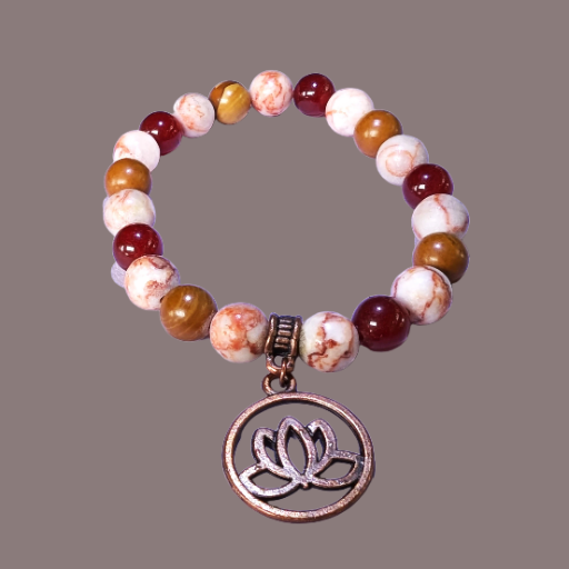 Carnelian, Red Line Jasper & Petrified Wood Jasper with Antique Copper Lotus Flat Charm