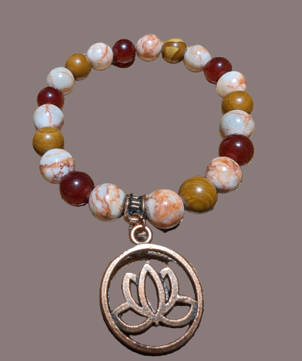 Carnelian, Red Line Jasper & Petrified Wood Jasper with Antique Copper Lotus Flat Charm