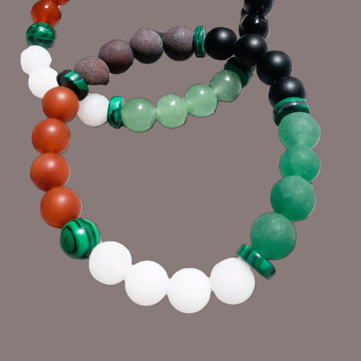 Carnelian, Bloodstone, Black Onyx, White Jade & Green Aventurine with Malachite 8mm Beaded Gemstone Bracelet