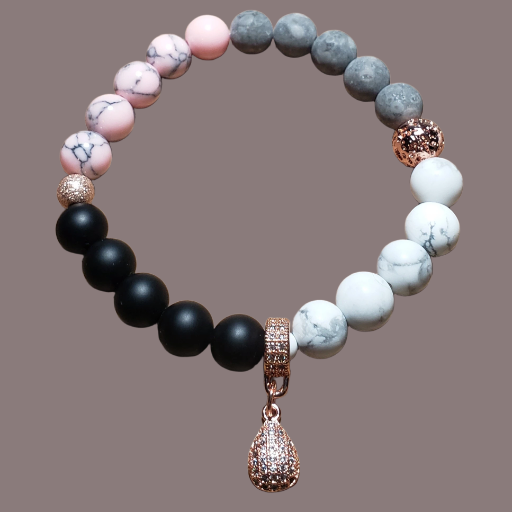 Black Onyx, Howlite, Maifanite & Pink Turquoise gemstone beaded bracelet with Rose Gold Tear Drop Charm
