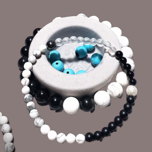 Black Onyx, Howlite, Clear Quartz & Hematite beaded bracelet with Silver Ball, Duo Set