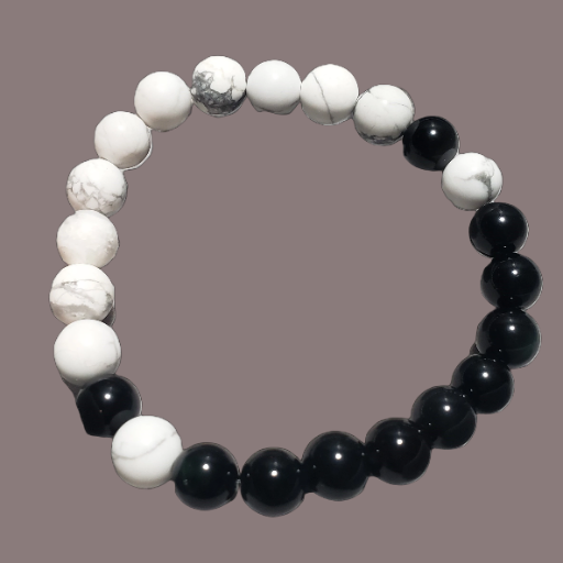 Black Onyx, Howlite, Clear Quartz & Hematite beaded bracelet with Silver Ball, Duo Set