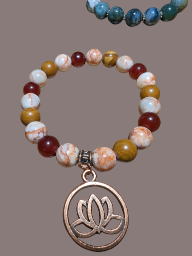 Carnelian, Red Line Jasper & Petrified Wood Jasper Antique Copper Lotus Flat Charm 8mm